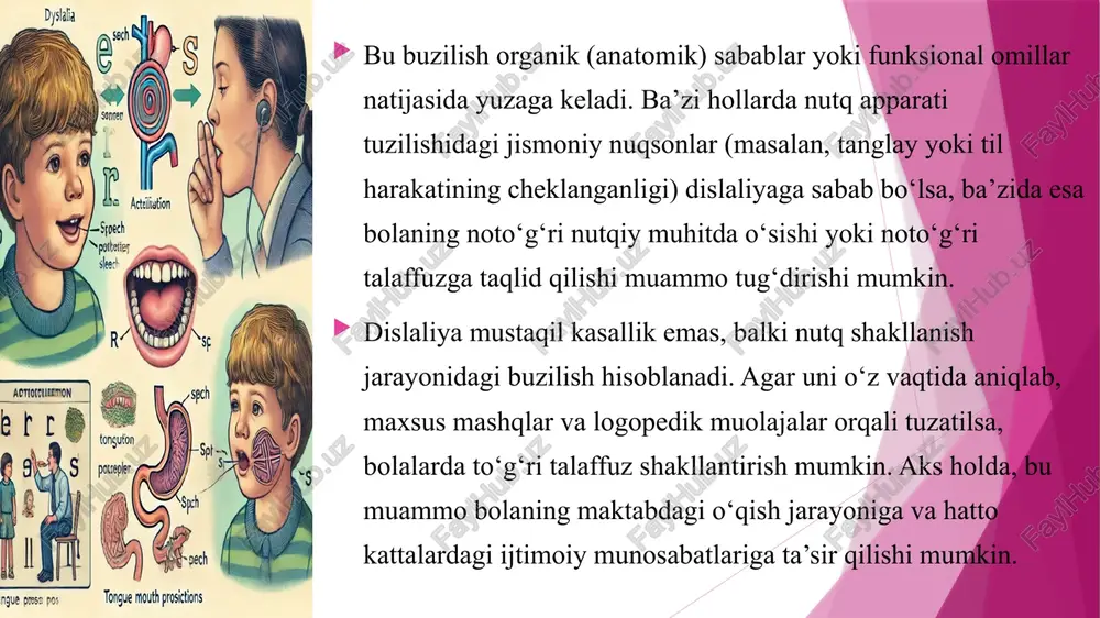 . lab, tanglay yoki burun bo‘shlig‘i defektlari – tug‘ma lab yoki tanglay yorilishi (qaqajo‘q), burun bo‘shlig‘idagi o‘zgarishlar tovushlarning buzilishiga sabab bo‘ladi. eshitish qobiliyatining pasayishi – bolalar ayrim tovushlarni noto‘g‘ri eshitishlari natijasida ularni noto‘g‘ri talaffuz qilishlari mumkin. funksional (psixologik va ijtimoiy) sabablar bu omillar bolaning atrof-muhit, tarbiya va psixologik holati bilan bog‘liq: nutqiy muhitning noto‘g‘ri shakllanishi – agar bola atrofidagi odamlar noto‘g‘ri gapirsa yoki bolaning noto‘g‘ri talaffuzi to‘g‘rilanmasa, dislaliya shakllanadi. bolaga yetarlicha nutqiy stimullar berilmasligi – bola bilan kam gaplashish, kitob o‘qimaslik va interaktiv suhbatlarning kamligi nutqning sust rivojlanishiga sabab bo‘ladi. yomon odatlar va noto‘g‘ri nutqiy stereotiplar – bola boshqalarning noto‘g‘ri talaffuzini o‘zlashtirib olishi yoki noto‘g‘ri talaffuz qilish odatini shakllantirib olishi mumkin. psixologik va nevrologik omillar – stress, qo‘rquv yoki nevrologik muammolar natijasida nutq rivojlanishida kechikish yoki noto‘g‘ri talaffuz paydo bo‘lishi mumkin. xulosa. dislaliya – bolalarda nutq tovushlarining noto‘g‘ri talaffuz qilinishi bilan tavsiflanadigan nutq buzilishi bo‘lib, uning kelib chiqish sabablari organik …