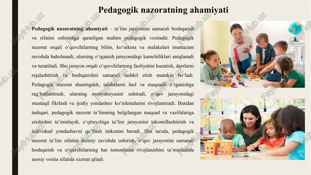 h imkoniga ega bo‘ladi maqsadlari: o‘quv jarayoni yakunida olingan natijalarni aniqlash o‘quvchilarning mavzuni qanchalik egallashganligini baholash ta’lim jarayonining samaradorligini tahlil qilish va baholash xususiyati: ta’limning yakuniy bosqichida qo‘llanadi o‘quvchilarning bilim va ko‘nikmalarini tizimli baholash imkonini beradi o‘qituvchiga kelajakdagi darslarni rejalashtirish va takomillashtirish uchun asos yaratadi pedagogik nazorat shakllari pedagogik nazorat shakllari – o‘quvchilarning bilim, ko‘nikma va malakalarini baholash usullari bo‘lib, ular ta’lim jarayonini samarali boshqarishga yordam beradi. 1.og‘zaki tekshiruv – o‘quvchining mavzuni tushunishi va bilimini og‘zaki ifodalash qobiliyatini baholash. misol: javoblar, taqdimotlar, suhbatlar. 2.yozma tekshiruv – bilim va ko‘nikmalarni yozma shaklda aniqlash. misol: testlar, insholar, esse va referatlar. 3.amaliy tekshiruv – o‘quvchilarning amaliy ko‘nikmalarini, muammolarni yechish va ish jarayonida bilimni qo‘llash qobiliyatini baholash. 4.test metodlari – qisqa va aniq savollar orqali o‘quvchilarning bilim darajasini tezkor aniqlashga xizmat qiladi. nazoratning samaradorligini oshirish pedagogik nazoratning samaradorligini oshirish uchun uni oldindan puxta rejalashtirish, baholash mezonlarini aniqlash va o‘quvchilar natijalarini chuqur tahlil qilish muhimdir. …