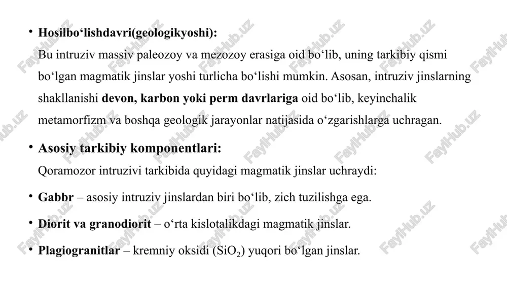 bu esa uni diorit, gabbronorit yoki shunga o‘xshash jinslar guruhiga kiritadi. xulosa: qoramozor intruzivi geologik tuzilishi, mineral tarkibi va kimyoviy xususiyatlari bo‘yicha muhim magmatik jinslardan biri hisoblanadi. u chuqur intruziv bo‘lib, magmatik differensiallanish jarayonlari natijasida shakllangan. mineral tarkibi jihatidan plagioklaz, piroksen va biotit asosiy minerallar bo‘lib, ular intruziv jinslarning holokristalin va donador tuzilishini belgilaydi. teksturasi va tuzilishi jinslarning yo‘nalgan, qatlamlangan yoki massiv shaklda bo‘lishiga bog‘liq. kimyoviy tarkibi esa sio₂, al₂o₃, feo, mgo, cao kabi asosiy oksidlardan iborat bo‘lib, jinsning kislotalilik darajasi va petrografik xususiyatlarini belgilaydi. qoramozor intruzivi magmatik evolyutsiya va geodinamik sharoitlarni o‘rganishda muhim ob’ekt bo‘lib, uning petrografik xususiyatlari mintaqadagi geologik jarayonlarni chuqur tushunishga yordam beradi. foydalanilgan adabiyotlar. mironov a.f., korjinskiy d.s. "magmatik jinslarning petrografiyasi" – moskva: nauka, 1985. nazarov i.x. "magmatizm va litosferaning evolyutsiyasi" – toshkent: fan, 2003. battalov sh. "o‘zbekiston magmatik jarayonlari" – toshkent: fan, 1998. winter j.d. "magmatik va metamorfik petrologiya asoslari" – pearson, 2014. deer w.a., …