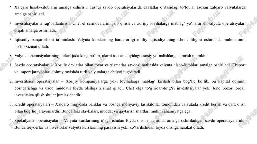lag‘ o‘tkazishi yoki mahsulot yetkazib berishdan oldin to‘lov olishi mumkin. bunday holatlar alohida hujjatlashtiriladi va hisobvaraqlarda aks ettiriladi. xorijiy kreditlar va foizlar – agar korxona xorijdan kredit olgan bo‘lsa, u kreditning asosiy summasi va foiz to‘lovlarini valyuta hisobvaraqlari orqali amalga oshiradi. bunda foizlar milliy valyutada qayd etilishi ham mumkin. kurs farqlari va ularning buxgalteriya hisobida ifodalanishi valyuta kurslari doimiy o‘zgarib turadi, shuning uchun valyuta operatsiyalarida kurs farqlari paydo bo‘lishi mumkin. kurs farqlari quyidagicha shakllanadi: musbat kurs farqi – agar valyuta kursining o‘zgarishi natijasida korxona foyda ko‘rsa, bu daromad sifatida hisobga olinadi. masalan, korxona 1 aqsh dollarini 10 000 so‘mdan sotib olib, keyinchalik 11 000 so‘mdan sotsa, 1 000 so‘m foyda oladi. salbiy kurs farqi – agar valyuta kursining pasayishi sababli korxona zarar ko‘rsa, bu xarajat sifatida aks ettiriladi. masalan, korxona 1 aqsh dollarini 10 000 so‘mdan sotib olib, keyinchalik 9 500 so‘mdan sotsa, 500 so‘m zarar ko‘radi. hisob-kitobdagi kurs farqlari …