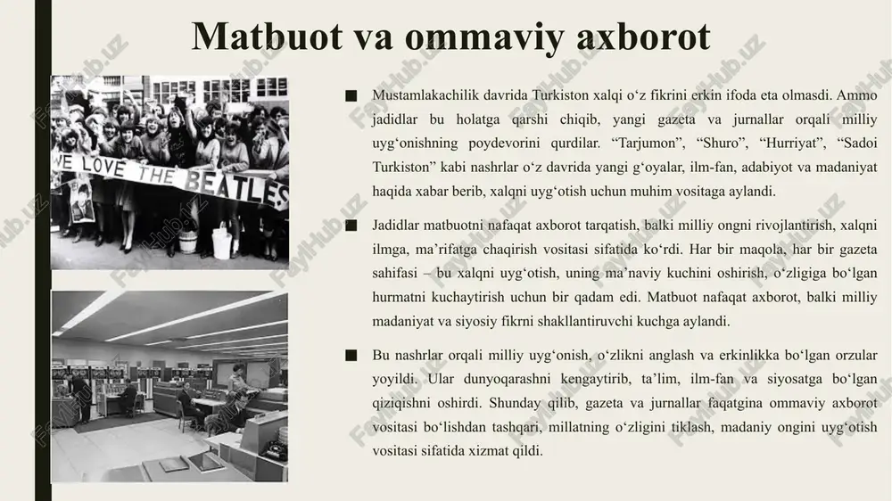 aylandi. o‘zligini anglash, ta’lim, madaniyat va matbuot orqali milliy uyg‘onish jarayonida jadidlar va ziyolilar tomonidan amalga oshirilgan islohotlar, kelajakda turkiston o‘lkasining siyosiy va madaniy mustaqilligiga olib keladigan katta ijtimoiy o‘zgarishlarning poydevorini yaratdi. etiboringgiz uchun raxmat image1.png image2.png image3.png image4.png image5.png /docprops/thumbnail.jpeg