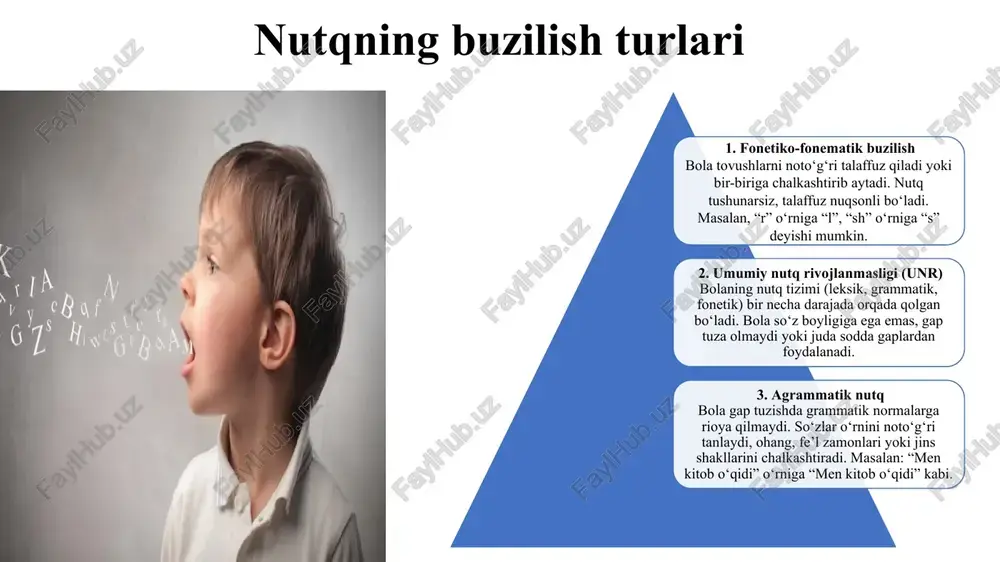 bola qanday so‘zlarni yozadi va ular murakkab yoki oddiy so‘zlar ekanligi tekshiriladi. tushunish va xatolarni tahlil qilish: yozilgan so‘zlarni tahlil qilish orqali bolalarning yodlash va so‘zlarni to‘g‘ri qo‘llash darajasi aniqlanadi. 2. diktant: diktant – bu bolaning og‘zaki matnni eshitib, uni yozib olishidir. bu usul imlo, punktuatsiya va grammatikani baholash uchun juda samarali. imlo xatolarini aniqlash: bola so‘zlarni to‘g‘ri yozishi kerak. diktantda ko‘plab imlo xatolari mumkin, bu bola imlo qoidalarini bilish darajasini ko‘rsatadi. punktuatsiya: bola matnda to‘g‘ri nuqta, vergul, so‘roq belgisi va boshqalarni ishlata olishiga e'tibor qaratiladi. grammatika: diktantda bola grammatik qoidalarni, jumlalarni to‘g‘ri tuzishni o‘rganishi kerak. bu usul orqali bola nutqning sintaksisi va stilini tekshiradi. yozma ifoda: diktantda bola o‘qigan matnni aniq va tushunarli tarzda yozishi kerak. bu uning yozma nutqdagi izchillik va aniqlik darajasini ko‘rsatadi. xulosa: nutqi to‘liq rivojlanmagan bolalarni logopedik tekshirish, ularning nutq qobiliyatlarini rivojlantirishda muhim ahamiyatga ega. turli tekshiruv usullari, masalan, suhbat, rasm asosida hikoya qilish, ovoz …