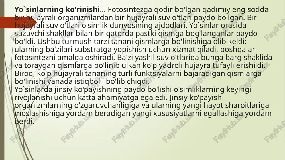 muhim rol o'ynaydi. hasharotlar yoki qushlarning ayrim turlari ularning ba'zilari tomonidan changlanadi. urug'larni sochish usullari ham juda xilma-xildir. davr geologik davr mln. yil bargli / oddiy o'simliklar kaynozoy uchlamchi va to’rtlamchi davr 65 gacha anjiyospermlarning tarqalishi mezozoy bo`r 144 gacha angiospermlarning paydo bo'lishi yura davri 213 gacha gimnospermlar ustunlik qiladi (ignabargli daraxtlar, ferns, otquyruq, suluklar) trias 248 gacha gimnospermlarning tarqalishi. yam-yashil o'rmonlar. paleozoy perm 286 gacha pteridofitlar yoki ibtidoiy qon tomir o'simliklari (ferns, otquyruq, lyes) ustunlik qiladi. ignalilar va ginkgo daraxtlari keng tarqalgan. toshko'mir 360 gacha pteridofitlar ko'mir hosil qiluvchi botqoqlarda ustunlik qiladi. devon 408 gacha quruqlikdagi o'simliklar tarqalmoqda. sillur 440 gacha birinchi quruqlik / bog 'o'simliklari paydo bo'ladi. ordovik 550 gacha dengiz o'tlari. kembriy 590 gacha dengiz o'tlari. prekambriyen 590 dan ortiq ko`k-yashil suv o'tlari. geologik davrlar bo'yicha o'simliklarning evolyutsiyasini o'z ichiga olgan jadval image1.png image2.png image3.png image4.png image5.png image6.png image7.png image8.png image9.png image10.png /docprops/thumbnail.jpeg