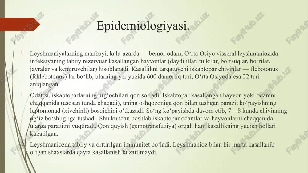 romanovskiy usuli bilan bo‘yaladi va mikroskop (hozirgi davrda hatto elektron mikroskop) ostida ko‘riladi. i.a.kassirskiy taklif etgan — to‘sh suyagini punksiya qilish usuli xavfli bo‘lganligi va bundan ko‘p qon olib bo‘lmasligi tufayli 1950-yillardan boshlab yonbosh suyagiga punksiya qilish usulidan foydalanib kelinmoqda serologik usullardan — kompliment biriktirish reaksiyasi, immunoferment analiz (ifa) va boshqalar qo‘llanadi. biologik usullaridan ham foydalanish mumkin. davolash. hozirgi davrda leyshmaniozni davolashda qo‘llanilayotgan dorilar orasida 5-valentin surma preparatlari eng samarali hisoblanadi. preparat tizimda ko‘rsatilgan dozada har kuni bir marta, katta yoshdagi bemorlarga esa u dozani ikkiga bo‘lib, yarmini ertalab, qolgan yarmisini kechqurun venaga yuboriladi. agar 7-5 marta yuborilgandan so‘ng bemorning ahvoli tuzalishga boshlanmasa, preparat dozasini bolalarga har bir kilogramm og‘irligiga 0,15 g dan, kattalarga — 0,12 g dan oshirish kerak bo‘ladi s u r m a preparatlari bemorda zotiljam, nefrit va sariqlik bo‘lgan taqdirda juda ehtiyotlik bilan qo‘llanmog‘i kerak. davolash chog‘ida dizenteriya, toksik dispepsiya, pnevmoniya, difteriya, skarlatina singari kasalliklar qo‘shilgan …