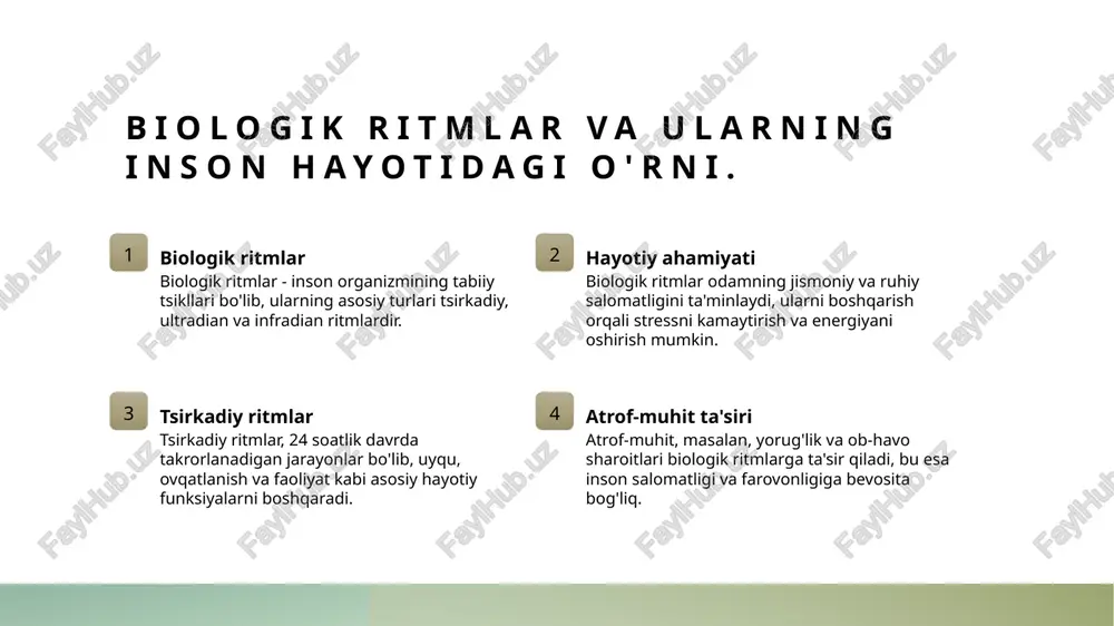 yaxshilaydi, stressni kamaytiradi va kasalliklar xavfini pasaytiradi. ularning buzilishi esa turli sog'liq muammolarini keltirib chiqarishi mumkin. o'zbekiston madaniyatida muhit va fiziologik tsikllar o'rtasidagi bog'lanish. o'zbekiston tabiati o'zbekistonning tabiiy muhitida iqlim, geologik tuzilmalar va suv resurslari inson hayotiga ta'sir etadi, fiziologik tsikllarni shakllantiradi. madaniy an'analar o'zbek madaniyatida an'anaviy marosimlar va bayramlar fiziologik tsikllarga mos keladi, bu esa sog'lom turmush tarzini rivojlantiradi. fiziologik moslashuv o'zbekiston aholisining muhitga moslashuvi, ularning biologik ritmlari va salomatlik holatini yaxshilashda muhim rol o'ynaydi, hayot sifatini oshiradi. tabiiy muhit va inson salomatligi: fiziologik tsikllar nuqtai nazaridan. tabiiy muhitning roli tabiiy muhit inson salomatligiga ta'sir qiladi; havoning sifati, suv va oziq-ovqat manbalari biologik ritmlarga ta'sir etadi, sog'liqni yaxshilaydi. fiziologik tsikllar fiziologik tsikllar, masalan, uyqu va uyg'onish, tabiat bilan uyg'unlikda ishlaydi. ular insonning ruhiy va jismoniy holatini belgilaydi. ekologik ta'sir ekologik omillar, masalan, iqlim, o'simlik va hayvonlar, inson salomatligiga ta'sir etadi. ular biologik ritmlarni shakllantiradi va salomatlikni qo'llab-quvvatlaydi. fiziologik tsikllar …