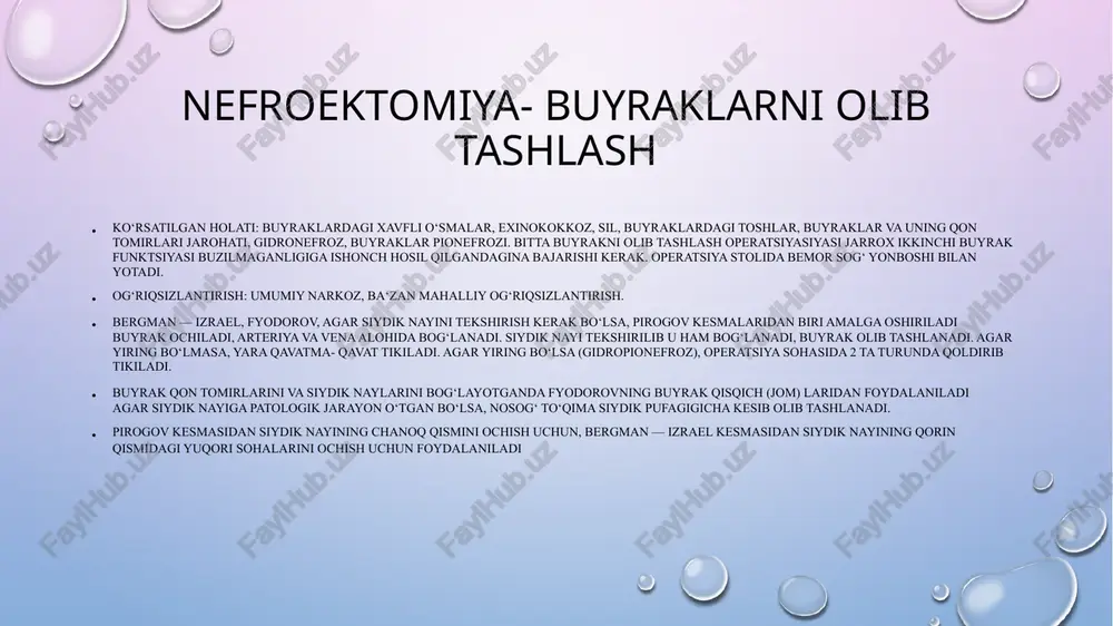 llashmay qolishi. bunda uretraning tashqi teshigi olat boshiga emas, balki olat tagiga, yorgʻoqqa yoki oraliqqa ochilgan boʻladi, siydik ana shu teshikdan chiqadi. bu teshikdan to olat boshi oraligʻigacha boʻlgan xorda tortmoqlari olatni vergulsimon yoki oʻroqsimon shaklda tutib turadi va bu holat bola oʻsgan sayin kuchayaveradi. g. bolaning 6 oylik paytidan boshlab jarrohlik yoʻli bilan bartaraf etiladi. aks bepushtlikka olib keladi. operatsiya qancha barvaqt qilinsa, shuncha yaxshi. e’tiboringiz uchun rahmat  image2.png image3.png image4.jfif image5.jpg image6.jpg image7.jpg image1.png /docprops/thumbnail.jpeg