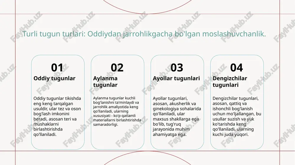 , suvda ishlashda muhimdir. ular ulkan yuklarni ushlashga qodir, shuning uchun ko'plab sohalarda qo'llaniladi. 3 qo'llanilish farqlari - ayollar tugunlari ko'proq an'anaviy jarrohlikda ishlatilsa, dengizchilar tugunlari xavfli sharoitlarda, masalan, baliq ovlashda yoki kemalarda foydalaniladi, bu esa ularning farqlarini ko'rsatadi. xulosa klinik anatomiyada tikish jarayoni klinik anatomiyada tikish jarayoni to'qimalarni birlashtirish va jarrohlik amaliyotida muhim ahamiyatga ega, bemorlarning tiklanish jarayonini tezlashtiradi. tugun turlari va ularning ahamiyati tugun turlari jarrohlik amaliyotida muhim rol o'ynaydi. oddiy, aylanma, ayollar va dengizchilar tugunlari har biri o'z vazifasini bajaradi va xavfsizlikni ta'minlaydi. innovatsiyalar va zamonaviy yondashuvlar zamonaviy yondashuvlar, masalan, robototexnika va 3d bosib chiqarish, jarrohlikda tikish jarayonlarini takomillashtirib, aniq natijalar taqdim etadi. foydalanilgan adabiyotlar 1. toshkent tibbiyot akademiyasi. klinik anatomik va jarrohlik tugunlar. tibbiyot nashriyoti, 2021 2. mahmudov, a. qorin va fassiya tikish usullari. o'zbek tibbiyoti jurnal, 2022 3. jumayev, s. chok va tugun turlari: amaliy qo'llanma. o'zbekiston respublikasi sog'liqni saqlash vazirligi, 2020 4. isroilov, f. …