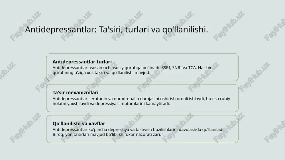 hi lozim. 04 jamiyatdagi stigma o'zbekistonda depressiya va psixofarmakologik muammolar atrofida stigma mavjud, bu esa bemorlarning davolanishga bo'lgan intilishlariga salbiy ta'sir ko'rsatadi. xulosa psixofarmakologiyaning roli psixofarmakologiya depressiya va ruhiy kasalliklarni davolashda dori vositalarini o'rganadi, bu esa bemorlarning salomatligini yaxshilashda muhim ahamiyatga ega. antidepressantlar va ta'siri antidepressantlar, xususan, ssri, snri va tca, depressiya simptomlarini engillashtirish uchun ishlatiladi, bemorlar uchun ruhiy holatni yaxshilashda muhim vositalardir. madaniy yondashuvlar ahamiyati o'zbekistonda depressiyani davolashda madaniy omillar va an'anaviy yondashuvlar bemorlarning ehtiyojlarini inobatga olishda, samaradorlikni oshiradi. foydalanilgan adabiyotlar 1. to'raev i. psixofarmakologiyaning asosiy tamoyillari. tashkent medical academy, 2022 2. saidov a. depressiya va uning klinik davolash usullari. o'zbekiston respublikasi sog'liqni saqlash vazirligi, 2023 3. yusupov r., karimov d. o'zbekistonda madaniy kontekst va depressiya. o'zbekiston psixologiya jamiyati, 2021 4. murodov a. psixofarmakologiya va depressiyaning zamonaviy yondashuvlari. tibbiyot universiteti, 2022 5. rahimov s. depressiyaning psixofarmakologik davolash usullari. psixologiya va tibbiyot jurnali, 2023 e'tiboringiz uchun rahmat! /docprops/thumbnail.jpeg