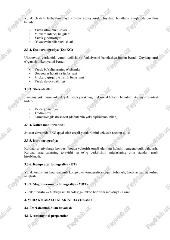 imkon beradi. quyidagilarni o'rganish imkoniyatini beradi: · yurak bo'shliqlarining o'lchamlari · qopqoqlar holati va funksiyasi · miokard qisqaruvchanlik funksiyasi · yurak devori qalinligi 3.3.3. stress-testlar jismoniy yoki farmakologik yuk ostida yurakning funksional holatini baholash. asosiy stress-test turlari: · veloergometriya · tredmil-test · farmakologik stress-test (dobutamin yoki dipiridamol bilan) 3.3.4. xolter monitorlanishi 24 soat davomida ekg qayd etish orqali yurak ritmini uzluksiz nazorat qilish 3.3.5. koronarografiya koronar arteriyalarga kontrast modda yuborish orqali ularning holatini rentgenologik baholash. koronar arteriyalarning torayishi va to'liq berkilishini aniqlashning oltin standart usuli hisoblanadi. 3.3.6. kompyuter tomografiya (kt) yurak tuzilishini ko'p qatlamli kompyuter tomografiya orqali baholash, koronar kaltsiynoshni aniqlash 3.3.7. magnit-rezonans tomografiya (mrt) yurak tuzilishi va funksiyasini baholashga imkon beruvchi radiatsiyasiz usul 4. yurak kasalliklarini davolash 4.1. dori-darmon bilan davolash 4.1.1. antianginal preparatlar ishemik yurak kasalligida qo'llaniladigan asosiy dori guruhlari: · nitratlar (nitroglitserin, izosorbid dinitrat, izosorbid mononitrat) · beta-blokatorlar (metoprolol, bisoprolol, karvedilol) · kalsiy kanallari blokatorlari (amlodipin, verapamil, …