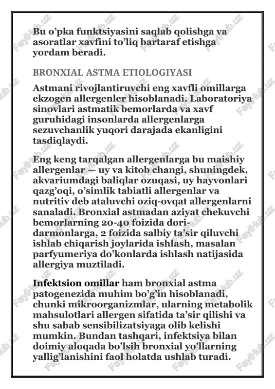 avri; · avj olishi davri; · orqaga rivojlanish davri. qo’zg’atuvchi ta’siri davri infektsion-allergik tabiatga ega bronxial astmatik bemorlarda yaqqolroq namoyon bo’ladi: burun-halqum a’zolari tomonidan vazomotor reaktsiyalar (burun oqishi, tinimsiz aksa urish). ikkinchi davr (u to’satdan boshlanishi mumkin) ko’krak qafasidagi torlik hissi bilan ifodalanadi, bu erkin nafas olish imkonini bermaydi. nafas olish keskin va qisqa bo’lib, nafas chiqarish uzoq va shovqinli bo’ladi. nafas olish baland ovozli xirillash, yopishqoq balg’amli yo’tal yuzaga kelib, bu nafas olish aritmiyasini keltirib chiqaradi. xuruj paytida bemorning holati majburiy, u odatda, oldinga egilgan holda o’tirib, tirsaklarini tizzalariga tirashga harakat qiladi. yuzi shishib ketadi va nafas chiqarish vaqtida bo’yin venalari shishadi. xurujning og’irligiga qarab, nafas chiqarishdagi qarshilikni yengishga yordam beradigan muskullar ishtirokini kuzatsa bo’ladi. perkussiyada ovoz aniq va bo’sh qutini urganda chiqadigan ovozga o’xshash, chunki o’pkada havo ortib ketgan, o’pka harakatchanligi cheklanadi va ularning chegaralari pastga siljiydi. o’pka eshitib ko’rilganda uzoq va zaiflashgan hamda quruq xirillash bilan nafas …