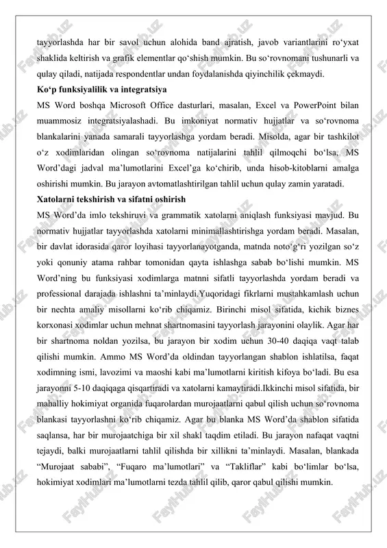 ga sabab bo‘lishi mumkin. ms word’ning bu funksiyasi xodimlarga matnni sifatli tayyorlashda yordam beradi va professional darajada ishlashni ta’minlaydi.yuqoridagi fikrlarni mustahkamlash uchun bir nechta amaliy misollarni ko‘rib chiqamiz. birinchi misol sifatida, kichik biznes korxonasi xodimlar uchun mehnat shartnomasini tayyorlash jarayonini olaylik. agar har bir shartnoma noldan yozilsa, bu jarayon bir xodim uchun 30-40 daqiqa vaqt talab qilishi mumkin. ammo ms word’da oldindan tayyorlangan shablon ishlatilsa, faqat xodimning ismi, lavozimi va maoshi kabi ma’lumotlarni kiritish kifoya bo‘ladi. bu esa jarayonni 5-10 daqiqaga qisqartiradi va xatolarni kamaytiradi.ikkinchi misol sifatida, bir mahalliy hokimiyat organida fuqarolardan murojaatlarni qabul qilish uchun so‘rovnoma blankasi tayyorlashni ko‘rib chiqamiz. agar bu blanka ms word’da shablon sifatida saqlansa, har bir murojaatchiga bir xil shakl taqdim etiladi. bu jarayon nafaqat vaqtni tejaydi, balki murojaatlarni tahlil qilishda bir xillikni ta’minlaydi. masalan, blankada “murojaat sababi”, “fuqaro ma’lumotlari” va “takliflar” kabi bo‘limlar bo‘lsa, hokimiyat xodimlari ma’lumotlarni tezda tahlil qilib, qaror qabul qilishi mumkin. …