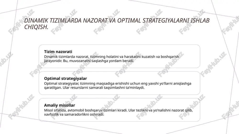 nlashtiradi. 3 texnologik yondashuvlar zamonaviy texnologiyalar, masalan, sun'iy intellekt va mashinasozlik, avtomatlashtirish strategiyalarini yanada rivojlantirishga yordam beradi. bu, tizimlar barqarorligini oshiradi. xulosa 01 optimal boshqarish tizimlari optimal boshqarish tizimlari samaradorlikni oshirish va qaror qabul qilish jarayonlarini soddalashtirishda muhim rol o'ynaydi. ular dinamik tizimlarni boshqaradi. 02 dinamik tizimlar va nazorat dinamik tizimlar vaqt o'tishi bilan o'zgaruvchi jarayonlar bo'lib, nazorat mexanizmlari ularni samarali boshqarish uchun muhim ahamiyatga ega. barqarorlikni ta'minlaydi. 03 avtomatlashtirish va feedback avtomatlashtirish jarayonlari feedback mexanizmlari yordamida samaradorlikni oshiradi. bu tizimlar tez va aniq qarorlar qabul qilishni ta'minlaydi, iqtisodiy foyda keltiradi. foydalanilgan adabiyotlar 1. zokirov, a. m. optimal boshqarish tizimlari nazariyasi. o‘zbekiston respublikasi fanlar akademiyasi, 2022. 2. jumaniyozov, m. a. avtomatlashtirilgan boshqarish tizimlari. toshkent davlat texnika universiteti, 2021. 3. turaev, a. n. dinamik tizimlar va ularning boshqaruvi. o‘zbekiston milliy universiteti, 2023. 4. isakov, r. s. nazorat nazariyasi va amaliyoti. o‘zbekiston respublikasi fanlar akademiyasi, 2023. 5. shokirov, i. m. qaror qabul …