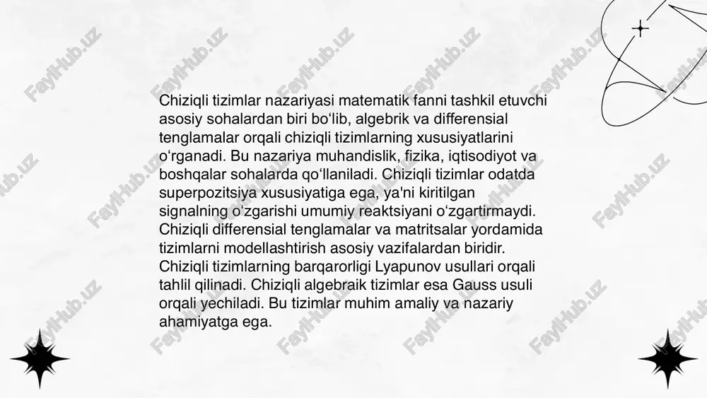 tizimning o'lchamlari va resurs iste'moli ham muhim omillardan biridir: kichik tizimlar kam resurs talab qiladi, yiriklar esa ko'proq ma'lumotni qayta ishlay oladi. tizimning xavfsizligi uchun shifrlash va verifikatsiya metodlari qo'llaniladi. userlar interaktsiyasini osonlashtirish maqsadida grafik interfeyslar ishlab chiqiladi. system uzluksiz yangilanish va texnik xizmatga muhtoj bo'ladi. avtomatik boshqarish nazariyasining asosiy tushunchalari,chiziqli avtomatik boshqarish tizimlari tilloxoʻjayev abdulloxon e'tiboringiz uchun raxmat!