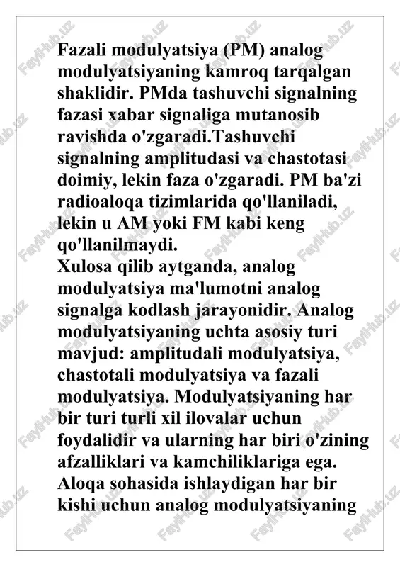 lariga qoʻyiladigan talablar bilan belgilanadi. radioaloqada modulyatsiyaning maqsadi radioaloqada modulyatsiya bir nechta muhim maqsadlarga xizmat qiladi: 1. bu chastota spektridan samarali foydalanish imkonini beradi, bu esa bir nechta foydalanuvchilarga bir xil chastota diapazonini shovqinga olib kelmasdan ulashish imkonini beradi. 2. modulyatsiya ma'lumotni uzoq masofalarga uzatish imkonini beradi, shu bilan birga signal buzilishini kamaytiradi. 3. qabul qiluvchi qurilmani osongina aniqlashini ta'minlaydi va demodulyatsiya qilish uzatilgan signalni (dekodlash). modulyatsiya turlari (qisqacha sharh) modulyatsiyaning ikkita asosiy toifasi mavjud: analog va raqamli. analog modulyatsiya usullariga amplituda modulyatsiyasi (am), chastotali modulyatsiya (fm) va fazali modulyatsiya (pm) kiradi. raqamli modulyatsiya usullari turli xil usullarni o'z ichiga oladi, masalan, binary phase shift anahtaring (bpsk), quadrature phase shift keying (qpsk), quadrature amplitude modulation (qam) va ortogonal frequency division multiplexing (ofdm). keyingi bo'limlarda biz ushbu modulyatsiya turlarini va ularning radioaloqadagi qo'llanilishini chuqurroq o'rganamiz. amplituda modulyatsiyasi (am) amplituda modulyatsiyasi (am) analog modulyatsiya usuli bo'lib, unda tashuvchi to'lqinning amplitudasi xabar signalining …