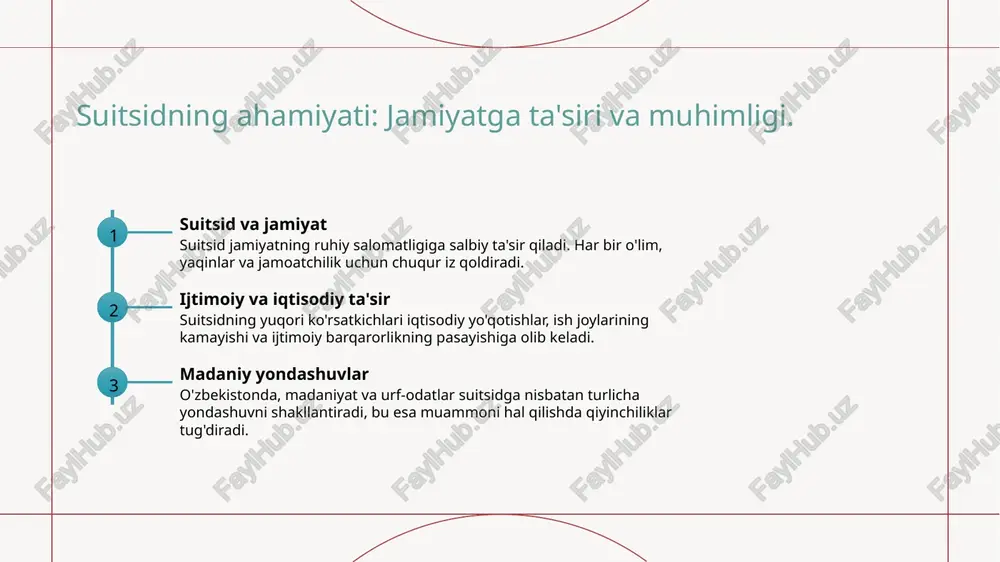 , o'zlariga yordam berish imkoniyatlari oshadi. xulosa suitsid masalasi muhimligi xavf omillarini aniqlash profilaktika choralari zarurligi suitsid masalasi nafaqat shaxsiy hayotda, balki jamiyatning ruhiy salomatligini saqlashda ham muhim rol o'ynaydi, bu esa jamoatchilik uchun katta ahamiyatga ega. suitsid xavf omillarini aniqlash, muammolarni oldini olishda muhim ahamiyatga ega. psixologik, ijtimoiy va biologik omillarni tushunish muhimdir. suitsidni oldini olish uchun profilaktika choralari zarur. oila, jamiyat va ta'lim orqali ruhiy salomatlikni mustahkamlash muammoni hal qilishda yordam beradi. foydalanilgan adabiyotlar 1. ergashova, d. suitsid tushunchasi va uning ahamiyati. o‘zbekiston respublikasi sog‘liqni saqlash vazirligi, 2021 2. xodjayeva, n. suitsid turlari va ularning xususiyatlari. o‘zbekiston psixologiya jurnali, 2022 3. asqarov, m. xavf omillari va profilaktika choralari: o‘zbekistonda statistik tahlil. o‘zbekiston ijtimoiy fanlar akadamiya, 2020 4. djalalova, s. suitsid va uning profilaktikasi: o‘zbekiston misolida. maktabgacha ta’lim, 2023 5. fayzulloyev, a. suitsidga oid zamonaviy tadqiqotlar va yondashuvlar. o‘zbekiston psixiatriya jurnali, 2023 e'tiboringiz uchun rahmat! /docprops/thumbnail.jpeg