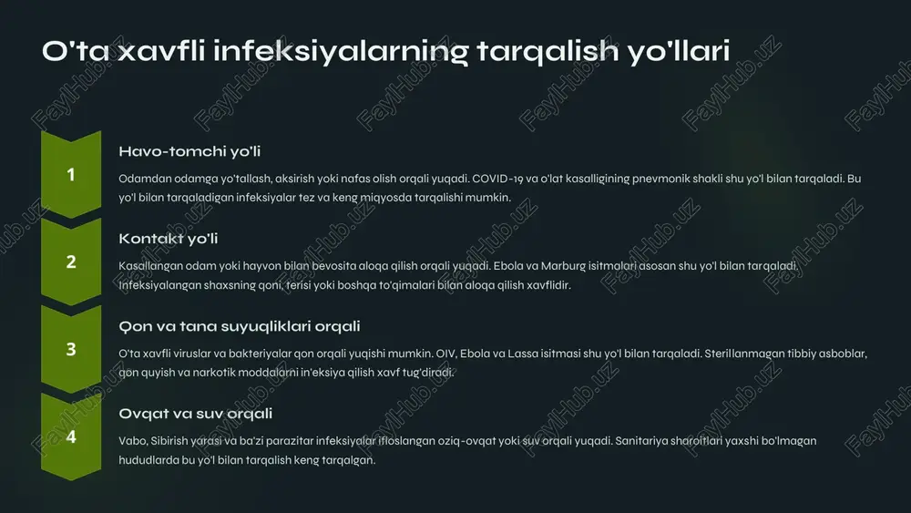 asallik. teri, shilliq qavatlar va ichki a'zolarni zararlaydi. teri shakli yaralar hosil qilsa, visseral shakli jigar va taloqni zararlaydi. tropik va subtropik mintaqalarda keng tarqalgan. gelmintoz infeksiyalar turli xil parazitar chuvalchanglar keltirib chiqaradigan kasalliklar. ifloslangan suv, oziq-ovqat yoki tuproq orqali yuqadi. ichak, jigar, o'pka va boshqa a'zolarni zararlashi mumkin. sanitariya sharoitlari yaxshi bo'lmagan hududlarda keng tarqalgan. o'ta xavfli infeksiyalarni tashxislash klinik simptomlarni baholash bemorning umumiy ahvoliga qarab dastlabki tashxis qo'yiladi. isitma, qon ketish, nafas qisishi, ich ketish kabi simptomlar o'ta xavfli infeksiyalarga shubha tug'dirishi mumkin. epidemiologik anamnez (sayohat tarixi, hayvonlar bilan aloqa) ham muhim ahamiyatga ega. laboratoriya diagnostikasi qon, siydik, axlat va boshqa biologik materiallar tahlil qilinadi. umumiy qon tahlili, biokimyoviy ko'rsatkichlar va boshqa standart testlar kasallikning og'irlik darajasini baholashga yordam beradi. maxsus diagnostik usullar polimeraz zanjir reaksiyasi (pcr) viruslarni aniqlashda, serologik testlar antitanachalarni aniqlashda, mikrobiologik ekmalar esa bakterial infeksiyalarni aniqlashda qo'llaniladi. bu usullar aniq tashxis qo'yish imkonini beradi. tasviriy …