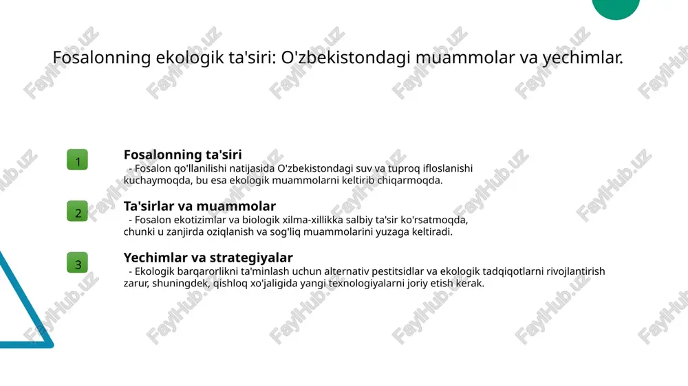 atrof-muhitga ta'siri salbiydir va ekologik barqarorlikka tahdid soladi. 2 toksik ta'sir - fosalonning toksik ta'siri, suv manbalarini ifloslantirib, biologik xilma-xillikni kamaytiradi, bu esa o'zbekistonning ekologik barqarorligini xavf ostiga qo'yadi. 3 ekologik muammolar - o'zbekistonda fosalonning ko'p ishlatilishi tuproq va suv ekotizimlarida muammolarni keltirib chiqaradi, natijada qishloq xo'jaligida hosildorlik pasayadi. 4 barqaror alternativalar - fosalon o'rniga organik va bio-pestitsidlar qo'llanilishi, atrof-muhitni himoya qilish va ekologik barqarorlikni tiklash uchun muhim qadamdir. xulosa 1 fosalon va salomatlik xavfi fosalon inson salomatligiga salbiy ta'sir ko'rsatadi, ayniqsa nerv tizimiga. u uzoq muddatli sog'liq muammolariga olib kelishi mumkin, bu esa jiddiy xavf tug'diradi. 2 ekologik ta'sir va muammolar fosalon o'zbekistonda tuproq va suv manbalarini ifloslantiradi, biologik xilma-xillikka zarar yetkazadi. bu ekologik muammolarni kuchaytirib, barqarorlikni tahdid qilmoqda. 3 barqaror alternativalar zarur fosalon o'rniga alternativ pestitsidlar va ekologik tadqiqotlar orqali qishloq xo'jaligida xavfsiz variantlarni joriy etish zarur. bu barqaror rivojlanishni ta'minlaydi. foydalanilgan adabiyotlar 1. murodova, d. sh. toksikologik …