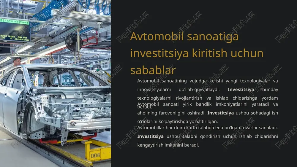 qaruvchi korxonalar, foyda va amortizatsiya ajratmalarini reinvestitsiya qilish orqali loyihalarga sarmoya kiritishlari mumkin. davlat-xususiy sheriklik davlat va xususiy sektorning birgalikdagi loyihalarini moliyalashtirish yirik investitsiya loyihalarini amalga oshirish uchun samarali yechim bo'lishi mumkin. avtomobil sanoatiga investitsiya kiritish uchun xalqaro tajribalar xitoy tajribasi xitoy avtomobil sanoatini rivojlantirish uchun davlat tomonidan katta miqdordagi investitsiyalar amalga oshirilmoqda. yangi texnologiyalar va avtomatlashtirilgan ishlab chiqarish tizimlarini joriy etishga katta e'tibor berilmoqda. germaniya tajribasi germaniya avtomobil sanoati jahonda yetakchi o'rinlardan birini egallaydi. ushbu sohaga investitsiya kiritish uchun qulay soliq va tartibga solish tizimi ishlab chiqilgan. shuningdek, kadrlar tayyorlash va ilmiy-tadqiqot ishlari davlat tomonidan qo'llab-quvvatlanadi. yaponiya tajribasi yaponiya avtomobil sanoatida ishlab chiqarish jarayonlarini doimiy takomillashtirish va sifat nazoratiga katta e'tibor beriladi. bozorga yangi mahsulotlarni olib chiqishga keng imkoniyatlar yaratiladi. aqsh tajribasi aqsh hukumati avtomobil sanoatiga katta investitsiyalar kiritadi. yangi texnologiyalar rivojlanishi va raqobatbardoshlikni oshirish uchun davlat-xususiy sheriklik dasturlari amalga oshiriladi. avtomobil sanoatiga investitsiya kiritish uchun tavsiyalar 1 bozor …
