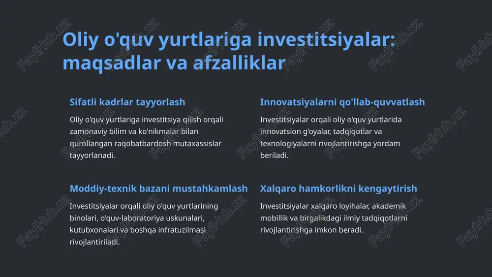 r tayyorlanishi taʼminlanadi. xalqaro hamkorliklarni kengaytirish investitsiyalar akademik almashuv, birgalikdagi tadqiqotlar va xalqaro loyihalarni amalga oshirishda muhim rol oʻynaydi. investitsiyalar uchun rag'batlantiruvchi shart-sharoitlar yaratish qonunchilik bazasi takomillashtirilishi, soliq-bojxona imtiyozlari va kafolatlar taqdim etilishi, investorlarni jalb qilish uchun muhim. investitsiyalarga qaratilgan tizimli yondashuvni rivojlantirish oliy oʻquv yurtlariga investitsiyalar uchun yagona, samarali va barqaror tizim yaratish zarur. 11 image1.png image2.png image3.png image4.png image5.png image6.png image7.png image8.png image9.png image10.png image11.png image12.png image13.png