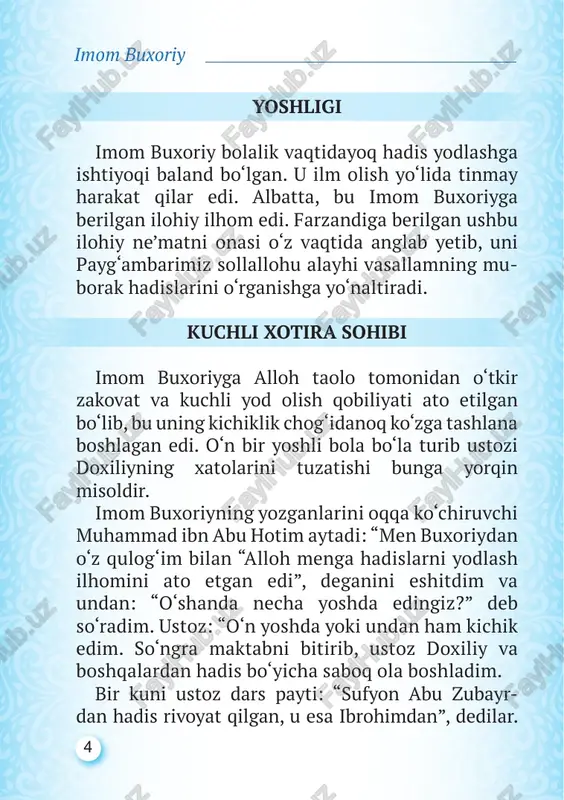 iy maqsadda bosib o‘tgan bir martalik yo‘li 13 900 kilometrni tashkil qiladi. ustozlari imom buxoriy ilm olish uchun umrining katta qismini safarda o‘tkazgan va ko‘plab ustozlardan ta’lim olgan. bu haqda muhammad ibn abu hotim varroq: “imom buxoriy vafotidan sal oldin: “men bir ming sakson kishidan hadis yozib oldim, hammasi hadis sohibidir”, deganlarini eshitganman”, deydi. muhaddis bir kishidan bittagina hadis rivoyat qilgan bo‘lsa ham, o‘sha shaxs unga ustoz, muhaddislar ta’biri bilan aytiladigan bo‘lsa, shayx hisoblanadi. “tarixi bag‘dod” kitobida zikr qilinishicha, buxoriy: “men mingdan ko‘p shayxdan hadis yozib olganman”, deb ta’kidlagan. buxorodagi ustozlari – muhammad ibn salom poykandiy, muhammad ibn yusuf buxoriy, abdulloh ibn muhammad musnadiy, horun ibn ash’as buxoriy va boshqalar. 9 imom buxoriy shogirdlari imom buxoriy yoshlik chog‘idayoq shogirdlarining sanog‘i yo‘q edi. yoshligida basra aholisining olimlari uning ortidan ergashib yurardi. hatto yo‘lda to‘xtatib olib hadis so‘rashardi. manbalarda keltirilishicha, olimning shoh asari bo‘lmish “al-jomi’ as-sahih” (ishonchli hadislar to‘plami)dan uning bevosita rahbarligida …