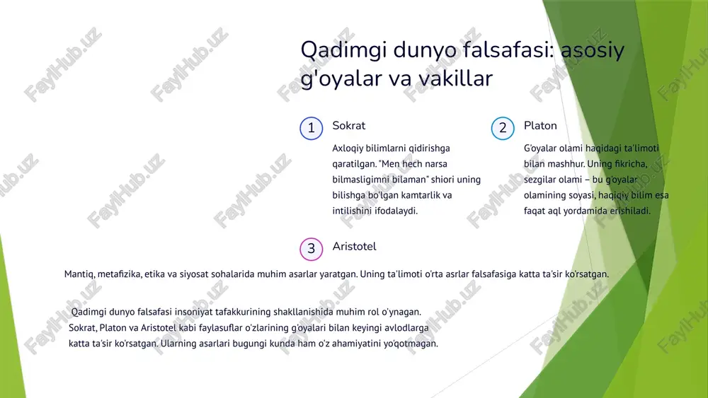 zmning asosiy vakillari hisoblanadi. 2 postmodernizm haqiqatning nisbiyligi, bilimlarning subyektivligi va metanarrativlarning rad etilishi kabi g'oyalarni ilgari suradi. fuko, derida, bodriyyar kabi faylasuflar postmodernizmning asosiy vakillari hisoblanadi. 3 falsafiy antropologiya insonning mohiyati, o'rni va rolini o'rganadi. plesner, gehlen, sheler kabi faylasuflar falsafiy antropologiyaning asosiy vakillari hisoblanadi. zamonaviy falsafa turli oqimlarga bo'lingan bo'lib, ular insonning hayoti, jamiyatning kelajagi va olamning mohiyati haqidagi savollarga javob berishga harakat qiladi. ekzistensializm, postmodernizm va falsafiy antropologiya zamonaviy falsafaning asosiy oqimlari hisoblanadi. 8 o'zbekistonda falsafiy tafakkurning rivojlanishi qadimgi davr markaziy osiyoda zardushtiylik, buddizm va manixeylik kabi diniy-falsafiy ta'limotlar keng tarqalgan. bu ta'limotlar insonning axloqi, jamiyatning tuzilishi va olamning mohiyati haqidagi savollarga javob berishga harakat qilgan. o'rta asrlar islom falsafasi rivojlangan. forobiy, ibn sino, beruniy, ulug'bek kabi olimlar falsafa, matematika, astronomiya, tibbiyot va boshqa sohalarda muhim asarlar yaratgan. yangi davr jadidchilik harakati milliy o'zlikni anglashga va ma'rifatparvarlik g'oyalarini tarqatishga qaratilgan. behbudiy, avloniy, fitrat kabi jadidlar milliy falsafaning …