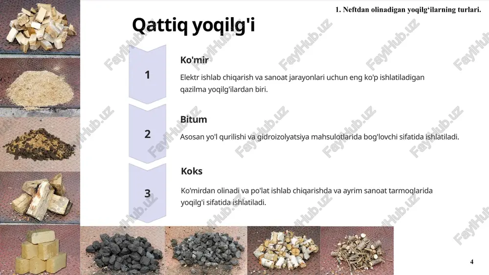 ar 14 14 benzinni saqlash va qayta ishlash 1 saqlash shartlari benzin sifatining ifloslanishi va yomonlashishiga yo'l qo'ymaslik uchun to'g'ri saqlash. 2 ishlash amaliyotlari benzin yoqilg'isini o'tkazish, tarqatish va ishlatishning xavfsiz tartiblari. 3 xavfsizlik choralari benzin bilan bog'liq tasodifiy yong'inlar, to'kishlar va sog'liq uchun xavflarni oldini olish uchun ehtiyot choralari. 2. benzinlar 15 15 atrof-muhitga ta'siri havoning ifloslanishi tutun hosil bo'lishiga hissa qo'shish va chiqindi chiqindilarining sog'liqqa salbiy ta'siri. suvning ifloslanishi er osti saqlash tanklari yoki to'kilmasinlar tufayli er osti suvlarining ifloslanish xavfi. ekologik ta'sirlar benzinning tasodifiy oqishi natijasida yovvoyi tabiatga, ekotizimlarga va dengiz hayotiga ta'siri. 2. benzinlar 16 16 yoqilg'i tejamkorligi haydash odatlari haydash tezligi, tezlashuv va bo'sh vaqtga asoslangan yonilg'i samaradorligiga ta'siri. xizmat ko'rsatish amaliyotlari optimal yonilg'i tejamkorligi uchun muntazam dvigatelni sozlash, shinalarga texnik xizmat ko'rsatish va yonilg'i tizimini tozalash. yoqilg'i qo'shimchalari yoqilg'i samaradorligini va dvigatelning ishlashini yaxshilash uchun yonilg'i tizimini tozalash vositalari va qo'shimchalardan foydalanish. 2. benzinlar …