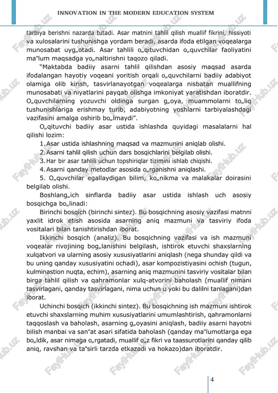 olishi. 2. asarni tahlil qilish uchun dars bosqichlarini belgilab olishi. 3. har bir asar tahlili uchun topshiriqlar tizimini ishlab chiqishi. 4. asarni qanday metodlar asosida o„rganishni aniqlashi. 5. o„quvchilar egallaydigan bilim, ko„nikma va malakalar doirasini belgilab olishi. boshlang„ich sinflarda badiiy asar ustida ishlash uch asosiy bosqichga bo„linadi: birinchi bosqich (birinchi sintez). bu bosqichning asosiy vazifasi matnni yaxlit idrok etish asosida asarning aniq mazmuni va tasviriy ifoda vositalari bilan tanishtirishdan iborat. ikkinchi bosqich (analiz). bu bosqichning vazifasi va ish mazmuni voqealar rivojining bog„lanishini belgilash, ishtirok etuvchi shaxslarning xulqatvori va ularning asosiy xususiyatlarini aniqlash (nega shunday qildi va bu uning qanday xususiyatini ochadi), asar kompozistiyasini ochish (tugun, kulminastion nuqta, echim), asarning aniq mazmunini tasviriy vositalar bilan birga tahlil qilish va qahramonlar xulq-atvorini baholash (muallif nimani tasvirlagani, qanday tasvirlagani, nima uchun u yoki bu dalilni tanlagani)dan iborat. uchinchi bosqich (ikkinchi sintez). bu bosqichning ish mazmuni ishtirok etuvchi shaxslarning muhim xususiyatlarini umumlashtirish, qahramonlarni taqqoslash …