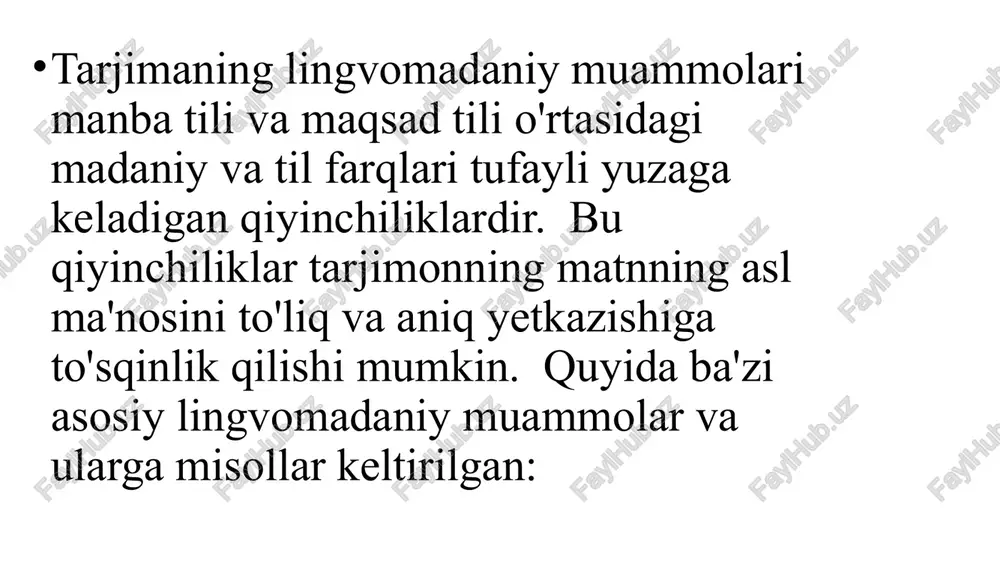 bo'ladi. to'g'ridan-to'g'ri tarjima qilish ko'pincha kulgili yoki kinoyali ma'noni buzadi yoki umuman yo'qotadi. quyida misollar keltirilgan: ovoz ohangiga bog'liq sarkazm manba matni (inglizcha): "oh, fantastic!" (said sarcastically after something bad happened). noto'g'ri tarjima (o'zbekcha): "oh, ajoyib!" (this misses the sarcasm entirely.) to'g'ri tarjima (o'zbekcha): "ha, ajoyib-a!" (with appropriate intonation to convey sarcasm), or "qani endi ajoyib bo'lsa edi!" (this implies the opposite meaning). manba matni (o'zbekcha): "juda a'lo ish qildingiz!" (said sarcastically after a mistake). noto'g'ri tarjima (inglizcha): "you did a great job!" (this misses the sarcastic tone) to'g'ri tarjima (inglizcha): "oh, fantastic work!" (with appropriate intonation), or "that was just brilliant!" (said with a clearly sarcastic tone). 7. siyosiy va ijtimoiy to'g'riligi (political and social correctness): siyosiy va ijtimoiy to'g'rilik tushunchalari nisbiy va kontekstga bog'liq bo'lishi mumkin. ba'zi bir harakatlar yoki siyosatlar bir jamiyatda to'g'ri deb hisoblansa, boshqasida shunday bo'lmasligi mumkin. shu sababli, ushbu misollar umumiy tushunchalarni aks ettiradi …