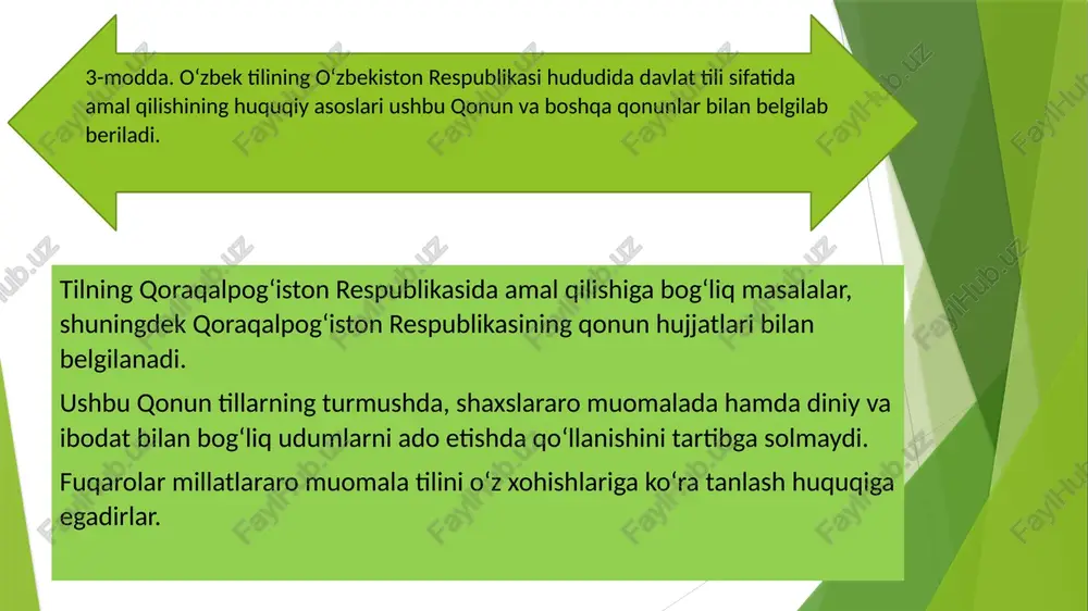 ya hujjatlari davlat tilida yuritiladi, ishlovchilarining ko‘pchiligi o‘zbek tilini bilmaydigan jamoalarda davlat tili bilan bir qatorda boshqa tillarda ham amalga oshirilishi mumkin. korxonalar, muassasalar, tashkilotlar va jamaoat birlashmalarida ish yuritish, hisob-kitob, statistika va moliya hujjatlari davlat tilida yuritiladi, ishlovchilarning ko‘pchiligi o‘zbek tilini bilmaydigan jamoalarda davlat tili bilan bir qatorda boshqa tillarda ham amalga oshirilishi mumkin. mazkur modda respublika iqtisodiy taraqqiyoti va butun mamlakat xalq xo‘jaligi majmuasi manfaatlaridan kelib chiqadi. korxonalar, muassasalar, tashkilotlar va jamoat birlashmalarida ish yuritish davlat tilida olib boriladi. bu asosiy qismini mahalliy aholi tashkil qiladigan mehnat jamoalarining manfaatlariga mos keladi. 11- modda. sudlov ishlarini yuritish davlat tilida yoki o‘sha joydagi ko‘pchilikka tushunarli tilda olib boriladi. sudlov ishlarini yuritish davlat tilida yoki o‘sha joydagi ko‘pchilik aholi tilida olib boriladi. ishda ishtirok etayotgan, sud ishlari yuritilayotgan tilni bilmaydigan shaxslarga tarjimon orqali ishga oid materiallar bilan tanishish, sud jarayonida ishtirok etish huquqi hamda sudda ona tilida so‘zlash huquqi ta’minlanadi. korxonalar, …