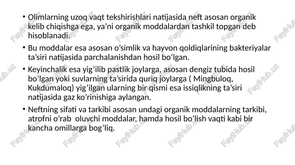 pishqoqligi baland bo’lgan aviatsiyada ishlatiladigan moy olinadi. ammo, neftni to’g’ri xaydash orkali fakatgina 9…12%, ayrim xollardagina 20%-gacha benzin olish mumkin. xozirgi vaqtda avtomobil transportining keskin rivojlanishi natijasida benzinga talab oshib bormokda shuning uchun neftni ximyaviy usulda xaydash natijasida 50…60% gacha benzin olish mumkin. bu jarayonga kreking-jarayon deyilib, ikki xil ko’rinishda- issiqlik ta’siridagi termik-kreking, hamda katalizator ishtirokida issiqlik bilan katalitik kreking deyiladi. termik-kreking uslubida asosiy faktorlar bo’lib harorat, bosim, vaqt hamda neftning tarkibi hisoblanadi. masalan, 4000 s da mazutdan 30% benzin olish uchun 12 soatgacha vaqt kerak bo’lsa, 5000 s ga kizdirilganda 30 sek vaqt kerak bo’ladi. mazut kizdirilganda uning molekulalari parchalanadi, natijada tez bug’lanishga erishiladi. ammo kreking-benzinda ba’zi bir tez bug’lanuvchi uglevodorodlar ham bo’lganligi sababli unga maxsus moddalar-stabilizatorlar kushiladi. buning uchun naftol, fenol fraksiyalari, paraoksidifenilen kabilar foydalaniladi. agarda kreking-jarayon 2…5 mpa bosim va 480…5000 s haroratda amalga oshirilsa suyuq fazali kreking, 0,2…0,6 mpa bosim va 520…5500 s da amalga oshirilsa …