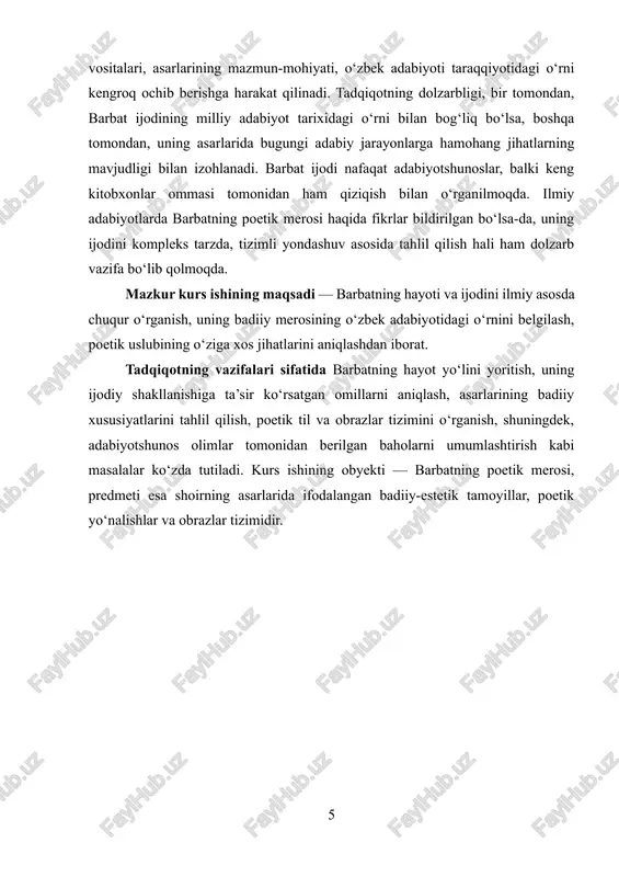 iyatlarini tahlil qilish, poetik til va obrazlar tizimini o‘rganish, shuningdek, adabiyotshunos olimlar tomonidan berilgan baholarni umumlashtirish kabi masalalar ko‘zda tutiladi. kurs ishining obyekti — barbatning poetik merosi, predmeti esa shoirning asarlarida ifodalangan badiiy-estetik tamoyillar, poetik yo‘nalishlar va obrazlar tizimidir. i.bob. barbat hayoti va ijodiy shakllanishi 1.1. barbatning hayoti, adabiy muhiti va ijodiy shakllanish bosqichlari barbatning hayoti va ijodiy shakllanishi o‘zbek adabiyoti tarixida alohida o‘rin tutadi. uning shaxsiy hayoti, tarbiyaviy muhiti, voyaga yetgan davri, ijodiy shakllanishiga sabab bo‘lgan omillar, adabiy muhit bilan bo‘lgan aloqalari shoirning asarlarida chuqur aks etgan. barbatning ijodiy merosi uning yashagan davrining ma’naviy va ijtimoiy voqeliklarini o‘zida mujassam etgan bo‘lib, shoirning pozitsiyasi, dunyoqarashi va badiiy nigohi uning hayoti bilan chambarchas bog‘liqdir. barbat she’riyatining shakllanishi jarayonida tarixiy sharoit, ijtimoiy o‘zgarishlar, adabiy an’analar, ustoz-shogird maktabi, oila muhitidagi tarbiya kabi omillar muhim rol o‘ynagan. o‘z davrida yetuk shoir sifatida tanilgan barbatning hayot yo‘li uning asarlarida ko‘zga tashlanadigan badiiy yetuklikning poydevorini tashkil …