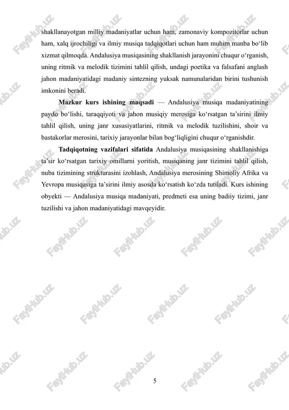 usiya merosining shimoliy afrika va yevropa musiqasiga ta’sirini ilmiy asosda ko‘rsatish ko‘zda tutiladi. kurs ishining obyekti — andalusiya musiqa madaniyati, predmeti esa uning badiiy tizimi, janr tuzilishi va jahon madaniyatidagi mavqeyidir. i bob. andalusiya musiqa madaniyatining tarixiy shakllanishi 1.1. andalusiya madaniyatining shakllanishiga ta’sir qilgan tarixiy, siyosiy va madaniy omillar andalusiya musiqa madaniyatining shakllanishi viii asrdan xv asrgacha davom etgan keng ko‘lamli tarixiy, ijtimoiy, siyosiy va madaniy jarayonlar bilan chambarchas bog‘liqdir. ushbu davrda al-andalus deb nom olgan hudud — ispaniyaning janubiy qismi — sharq va g‘arb tamaddunlarining tutashgan nuqtasiga aylandi. ko‘p millatli, ko‘p diniy, ko‘p madaniyatli muhitda shakllangan andalusiya madaniyati jahon tarixidagi eng yirik madaniy sinkretik tizimlardan biri sifatida e’tirof etiladi. aynan shu hududda arab-musulmon madaniyati iber xalq an’analari, berber qabilalari musiqiy merosi, yahudiylarning diniy ohanglari, vizantiya va rim madaniy ta’siri bilan uyg‘unlashib, o‘ziga xos musiqiy maktab — andalusiya musiqasini vujudga keltirdi. bu jarayonning shakllanishiga tarixiy, siyosiy, madaniy va ma’naviy omillar …