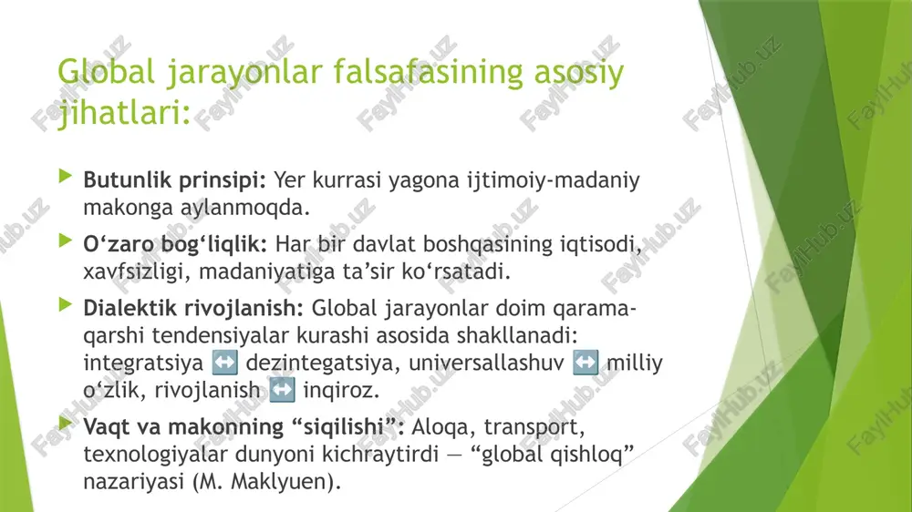 ug‘diradi. bugungi kunda insoniyat oldida turgan vazifalar — global tahdidlarni yengish, barqaror taraqqiyotga erishish, madaniy xilma-xillikni asrash, texnologiyalardan oqilona foydalanish. shu ma’noda, global jarayonlar – bu insoniyatning kelajak sivilizatsiyasi shakllanishida hal qiluvchi o‘rin tutadigan murakkab dialektik tizimdir. foydalanilgan adabiyotlar huntington s. the clash of civilizations. robertson r. globalization: social theory and global culture. castells m. the rise of the network society. giddens a. the consequences of modernity. toffler a. the third wave. ulrich beck. risk society. held d., mcgrew a. global transformations. o‘zbekiston milliy ensiklopediyasi. falsafa fanidan o‘quv qo‘llanmalar, zamonaviy global jarayonlar bo‘yicha ilmiy maqolalar. image1.jpeg image2.jpeg image3.jpeg image4.jpeg image5.jpeg image6.jpeg image7.jpeg businessman in world transportation concept /docprops/thumbnail.jpeg