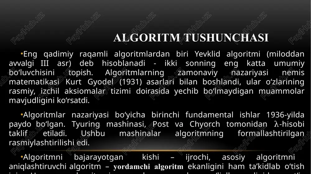 ta’minot arxitekturasining boshida algoritmlar emas, ma’lumotlar strukturalari joylashtirilgan rasmiy ishlab chiqish usullari va dasturlash tillarini keltirib chiqardi. ushbu tillarning aksariyatida ma’lumotlar tuzilmalarini turli xil ilovalarda xavfsiz qayta ishlatishga imkon beradigan modullikning bir turi mavjud. java, c# va c++ kabi obyektga yoʻnaltirilgan tillar ushbu yondashuvga misoldir. algoritmni tasvirlash usullari avvalgi darsda ko‘rilgan misollarda biz masalani yechish algoritmini so‘zlar va matematik formulalar orqali ifodalagan edik. lekin algoritm boshqa ko‘rinishlarda ham berilishi mumkin. bu darsda biz algoritmlarni tasvirlashning eng keng tarqalgan usullari bilan tanishib chiqamiz. buxdu at kafedrasi bo`ronova gulnora yodgorovna inson hayoti davomida har kuni katta-kichik vazifa yoki masalalarni hal etishni, turli ko‘rsatmalarni bajarishni, harakatlar rejasini tuzishni yoki tuzilgan rejaga muvofiq ishlarni amalga oshirishni o‘z oldiga maqsad qilib qo‘yadi. bironta masalani yechish yo‘llarini daftarga yozish, qandaydir bir taom yoki qandolat mahsulotini tayyorlashda unga oid ko‘rsatma (retsept)lardan foydalanish, maishiy texnika vositalarini ishlatishda uning yo‘riqnomalaridan foydalanish, kimgadir biror manzilga yetib borish yo‘lini tushuntirish va …