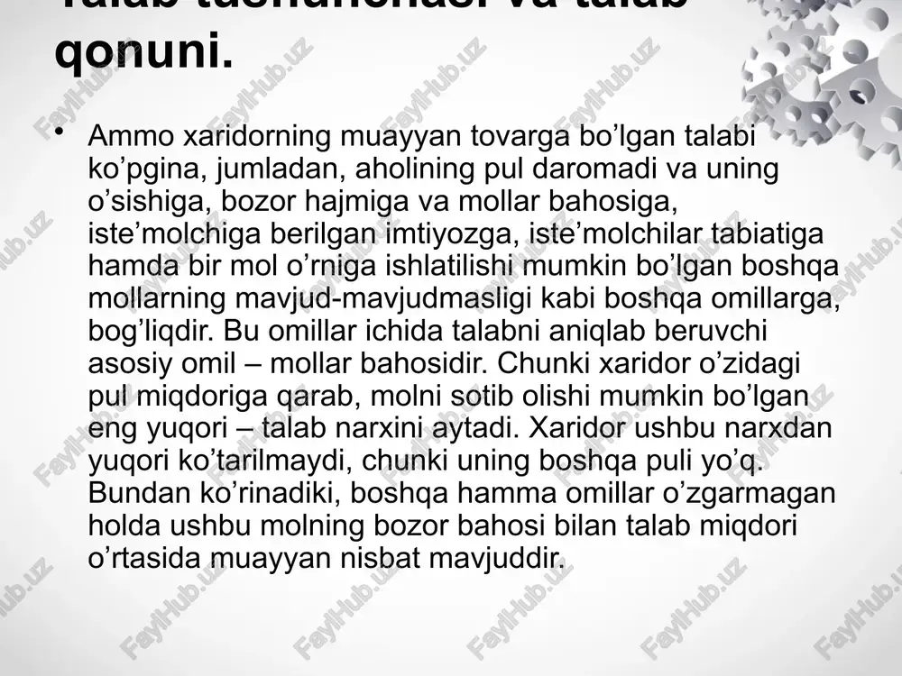 arish kabilar ta’sir qilishi mumkin. shuning uchun ham taklifni ko’tarilib (yoki pasayib) boruvchi o’q tarzida ifodalash mumkin. taklif bizga ma’lumki, bozor iqtisodiyoti sharoitida ishlab chiqaruvchilar o’z mollarini yuqoriroq bahoda, ya’ni qimmatroq sotishga harakat qiladilar. shuning uchun ham sotuvchilar o’z mollariga imkon chegarasidagi eng quyi bahoni belgilaydilar. bundan past baho esa bu mollar ishlab chiqarishni samarasiz qilib qo’yadi. umuman, taklif qilinayotgan mollarning bozor bahosi bilan ularning miqdori o’rtasida bevosita bog’liqlik mavjud bo’lib, bahoning o’sishi bilan taklif hajmi ortadi va bahoning pasayishi bilan taklif hajmi kamayadi. baho bilan taklif o’rtasidagi bunday bog’liqlikni taklif qonuni deyiladi. taklif qilinayotgan mollarning bozor bahosi bilan bu mollar miqdori o’rtasidagi munosabat taklif egri chizig’i deyiladi. uni quyidagicha ifodalash mumkin. taklif hajmiga bahodan tashqari bir necha omillar ta’sir ko’rsatadi: resurslarga baholarning o’zgarishi (minyyeral o’g’itlarga baholarning pasayishi bunday taklifni oshiradi), texnologiyalarning o’zgarishi (makkajo’xori zararkunandasiga qarshi kuchli vositaning ishlab chiqarilishi makkajo’xori taklifini oshiradi), soliqlarda va dotatsiyalardagi o’zgarishlar (sigaretalarga bo’lgan aksiz …
