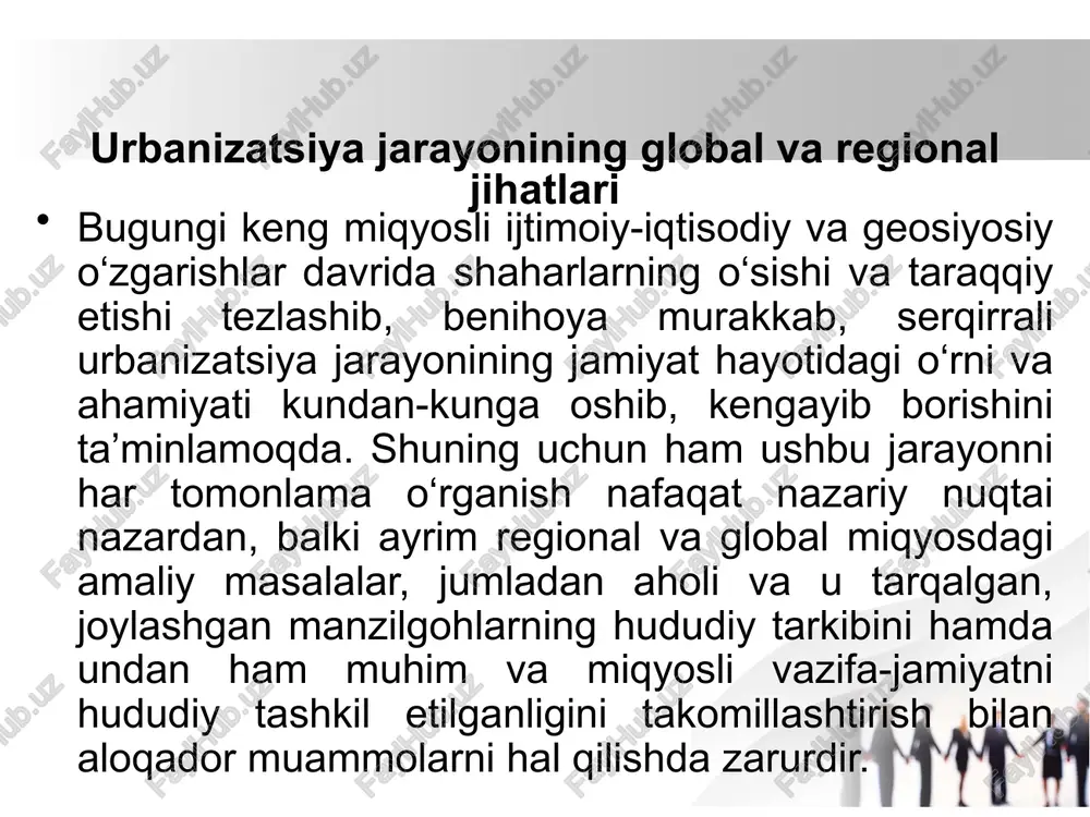 bilan belgilanadi. yevropa, shimoliy amerika, lotin amerikasi, avstraliya va okeaniya kabi yirik mintaqalardagi davlatlarda urbanizatsiya ko‘rsatkichi o‘rtacha hisobda 70 foizdan oshgan. bu borada, ayniqsa, islandiya, buyuk britaniya, belgiya, daniya, niderlandiya, avstraliya, yangi zelandiya, argentina, venesuyela kabi shaharlar darajasi 90 foizdan yuqori bo‘lgan davlatlar ko‘zga tashlanadi. jahon aholisining 60 foizi va dunyodagi shaharliklarning yarmi yashaydigan osiyo qit’asida urbanizatsiyaning umumiy darajasi bir muncha pastroq, 50 foiz atrofida bo‘lib, o‘sishi davom etmoqda. afrikada esa urbanizatsiya ko‘rsatkichi 40 foizdan sal ko‘proq. lekin har ikkala qit’ada ham yuqori urbanizatsiyalashgan mamlakatlar bor. jumladan, osiyoda bu borada yaponiya, janubiy koreya, isroil, fors qo‘ltig‘i arab mamlakatlari, tailand, afrikada esa liviya, jazoir, misr, marokash, jar kabi davlatlar ajralib turibdi. shu bilan birga, butan, burundi, malavi, uganda, chad, afg‘oniston va boshqa mamlakatlarda urbanizatsiya darajasi 25 foizga ham yetmaydi. ammo oxirgi yillarda shahar aholisining umumiy soni va jahon aholisidagi ulushi aynan osiyo va afrika davlatlarida kechayotgan urbanizatsiya jarayonlari hisobiga ko‘paymoqda. bunda …
