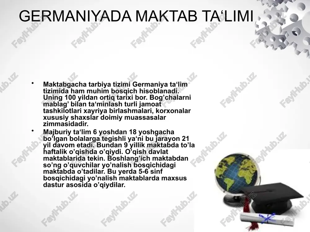tashkil etadi. qolgan soatlar mehnat, estetik, jismoniy tarbiyaga ajratilgan. o’rta bosqich (iv-vi) ta‘limi fan o’qituvchilari tomonidan olib borilib, unda ilm asoslari o’rganiladi. yuqori sinflar (vii-x sinflar) da majburiy ta‘lim dasturi bilan birga tanlov fanlari (22 yo’nalishidagi) ham o’qitiladi, kasb tanlash, kasb-kor tarbiyasiga alohida e‘tibor beriladi. kasb ta‘limi – 10-sinfni bitirganlarning barchasi uchun majburiy (o’quv yurtlariga kirmaganlar uchun) dir. kasb ta‘limi (2-3 yil) da 2 yil o’qiganlarga texnikumlar va o’rta maxsus ma‘lumotli injenerlar maktablarida o’qiydi. kasb ta‘limi muassasalarida 3 yil o’qiganlar kasb-hunar egallash bilan birga yetuklik attestati ham oladilar va oliy o’quv yurtiga kirish huquqini qo’lga kiritadilar. kengaytirilgan maktablar – 10-sinf bitiruvchilarini qabul qilib, 2 yil davomida oliy o’quv yurtiga tayyorlaydi. bu maktab bitiruvchilari soni oliy o’quv yurtlari ehtiyojiga teng bo’lib, uning bitiruv imtihonlari oliy maktabga kirish imtihonlari vazifasini bajaradi (abitur-sinf). o’rta maxsus ta‘limi – amaliy xarakterga ega bo’lib, san‘at ishlab chiqarish uchun injenerlar tayyorlaydi. oliy o’quv yurtlari (53 universitetlarda), oliy …