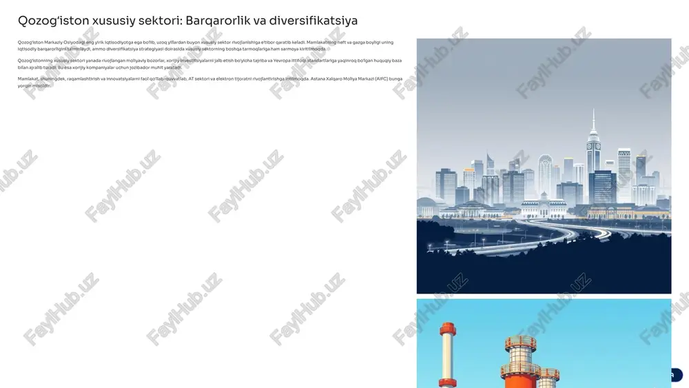 tadi. kobni diversifikatsiya qilish va uning eksport salohiyatini oshirishga eʼtibor qaratilmoqda. ikkala davlat ham kichik va oʻrta biznesni rivojlantirishni ustuvor vazifa deb biladi, chunki bu iqtisodiyotni barqarorlashtirish va yangi ish oʻrinlari yaratishning muhim omilidir. biroq, qozogʻiston kobni qoʻllab-quvvatlash boʻyicha yanada tizimli va keng qamrovli dasturlarga ega. 8 qiyinchiliklar va imkoniyatlar: kelajak istiqbollari oʻzbekiston uchun qiyinchiliklar korrupsiyaga qarshi kurash, qonun ustuvorligini taʼminlash, byurokratik toʻsiqlarni bartaraf etish va investitsiya muhitini yanada shaffof qilish dolzarb muammo boʻlib qolmoqda. moliyaviy resurslarga kirish va malakali kadrlar yetishmovchiligi ham xususiy sektor rivojlanishiga toʻsqinlik qiladi. oʻzbekiston uchun imkoniyatlar katta va yosh aholi, jadal iqtisodiy oʻsish, tabiiy resurslar va geosiyosiy joylashuv oʻzbekiston uchun ulkan imkoniyatlar yaratadi. qishloq xoʻjaligi, turizm, it va ishlab chiqarishda investitsiya salohiyati yuqori. qozogʻiston uchun qiyinchiliklar xomashyo eksportiga bogʻliqlik, iqtisodiyotni diversifikatsiya qilish zaruriyati va kichik kob segmentining raqobatbardoshligini oshirish kabi muammolar mavjud. rossiya va xitoyga iqtisodiy bogʻliqlik ham maʼlum xavflarni keltirib chiqaradi. qozogʻiston uchun imkoniyatlar …