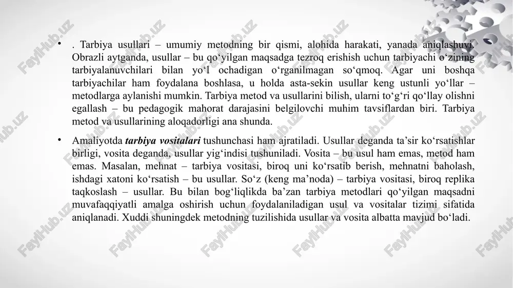 rini ijobiy hal qilishda oʻquvchilarning oʻz-oʻzini tarbiyalash faolligini oshirishga yordam beradi. masalan, oʻqituvchi birinchi sinf oʻquvchilari bilan ishlash jarayonida oʻquvchilarni ular uchun yangi boʻlgan mehnat faoliyatini oʻrgatishda oʻquvchilarning xulq-atvor qoidalarini, ularda kun tartibi aniq boʻlishi muhimligini, ularga oʻquvchilarning qat’iy tartibga amal qilishi zarurligini tushuntirish metodidan foydalanadi. tushuntirish bilan bir qatorda sinfga toʻgʻri kirib kelishga, ularni oʻqituvchi va oʻquvchilar bilan salomlashishga, tartib-intizomni saqlashga mashq qildirib boradi. 4. tarbiyada ibrat-numana koʻrsatishning tutgan oʻrni farzandlarimizning kelajakda komil inson boʻlib yetishishlarida oila va jamiyatda yaxshi tarbiya olishning oʻrni beqiyosdir. ota-ona, ustoz-murabbiylar, rahbar va yoshi kattalar qancha madaniyatli, odobli boʻlsa, shu jamiyat va muhitda oʻsayotgan shaxslar ham shunchalik odobli boʻlib yetishadi. bunday sermas’uliyat ijtimoiy ishni amalga oshirish, ya’ni yoshlarimizning odobli, xushxulqli, vijdoni pok kishilar boʻlib yetishishlari uchun oʻz xulq-atvorimiz bilan ularga yaxshi ibrat va namuna boʻlishimiz bugungi kunning dolzarb masalasi hisoblanadi. ilgarigi zamonda shunday maqol bor edi: «domlaning aytganini qil-u, qilganini qilma». hozir bu maqol …
