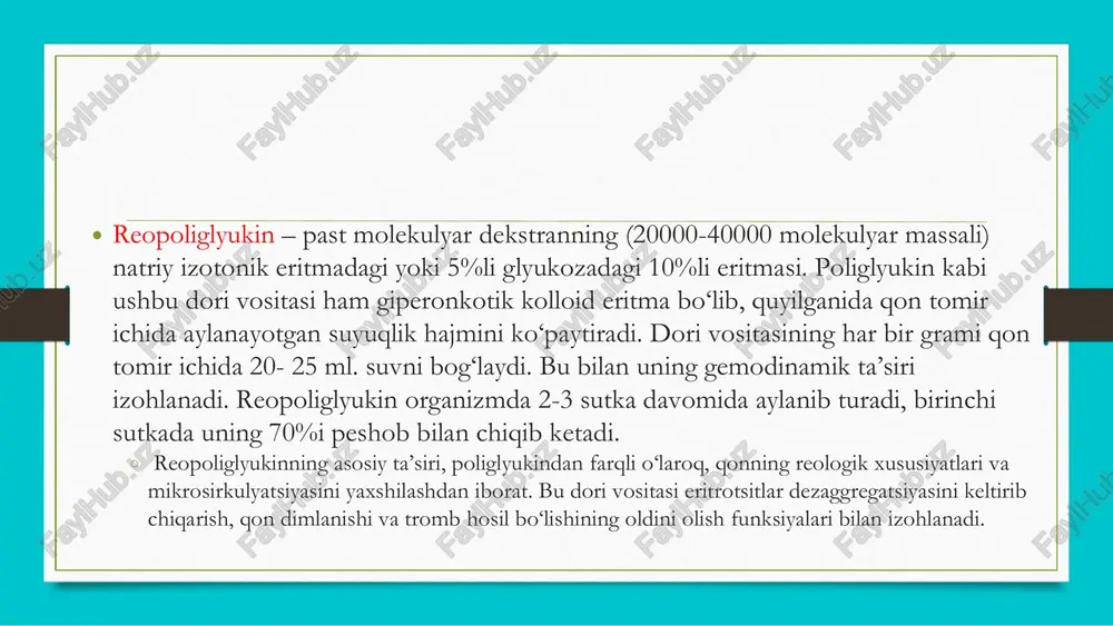 tiklar kiradi. atsidoz ko‘rsatkichlarini tiklash uchun 4- 5%li gidrokarbonat natriy eritmasi (soda) venaga yuboriladi. ringer-lokk eritmasi natriy xloridi – 9,0 gr. natriy bikorbanat – 0,2 gr. kalsiy xlorid – 0,2 gr. kaliy xlorid – 0,2 gr. glyukoza – 1,0 gr. osmodiuretiklar. osmodiuretiklarga quyidagi ko‘p atomli spirt mahsulotlari kiradi: sorbit va mannit. mannitol – natriy izotonik eritmasidagi 15%li mannit eritmasi. sorbitol – natriy izotonik eritmasidagi 20%li sorbit eritmasi. ko‘rsatilgan dori vositalarining diuretik ta’siri mexanizmi plazmaning osmotik darajasi va qon tomiri iziga interstitsial suyuqlik oqimining oshishi bilan bog‘liq bo‘lib, bu aqh va buyrakka qon kelishini ko‘payishiga yordam beradi. kislorod tashuvchi eritmalar qonning asosiy funksiyasi bo‘lmish organizm to‘qimalariga kislorodni tashish vazifasini bajarib bera oladigan, “sun’iy qon” deb atalayotgan qon o‘rnini bosuvchilarning yaratilishi o‘ta muhim, lekin bir vaqtning o‘zida juda qiyin vazifa hisoblanadi. hozirgi paytda perftoruglerodlar asosida (perftoran, perfukol, flyusol-da) hamda singib ketuvchi gemoglobin asosida (erigem, kon’yugirlangan gemoglobin) yaratilgan kislorod tashuvchi dori vositalari mavjud.