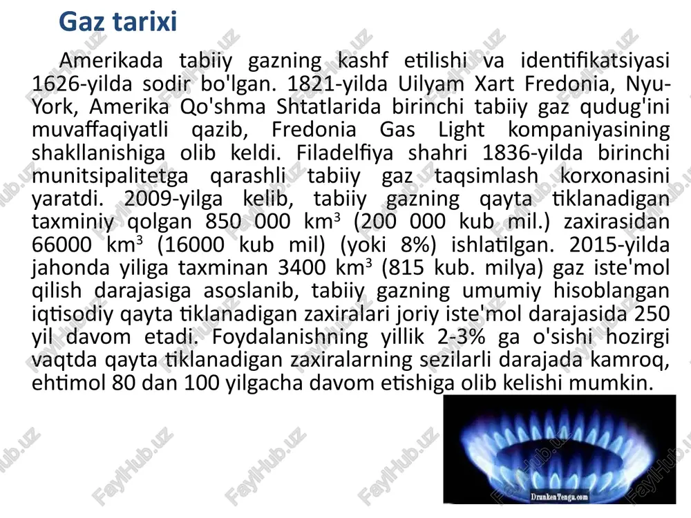 n propan ch3-ch2-ch3 - toʻyingan uglevodorod, rangsiz, hidsiz yonuvchi gaz; suyuqlanish temperaturasi — 187.7°c; propan erituvchi sifatida, qurum olishda, metall qirqishda, avtomobillar uchun tutunsiz yonilgʻi, butan bilan aralashmasi maishiy gaz sifatida ishlatiladi. sanoatda propanni katalitik degidrogenlab propilen, nitrolab esa nitrometan olinadi. butan — toʻyingan uglevodorodlar, umumiy formulasi c4h10. mr. 58,123, rangsiz va hidsiz gaz. ikki izomeri maʼlum: normal butan ch3— ch2ch2ch3 va izobutan —ch—ch3. suvda erimaydi, organik erituvchilarda yaxshi eriydi. butan toʻyingan alifatik uglevodorodlardir. ular neftni qayta ishlash vaqtida chiqadigan gazlar tarkibida uchraydi. normal butanni katalizator ishtirokida izomerlab izobutan, degidrogenlab divinil (kauchuk monomeri) va boshqa toʻyinmagan uglevodorodlar olish mumkin. izobutanni alkillab, neogeksan va izooktan olinadi. butan motor yonilgʻilarining yuqori oktanli komponenti, buten, sirka kislota, malein angidrid olishda xom ashyo, uning propan va boshqa uglevodorodlar bilan aralashmasi gaz yonilgi sifatida ishlatiladi. butan nazorat uchun savollar gaz paydo bo’lishi haqida gipotezalar gaz tarixi slanes va slanes gazlari odorantlar suyultirilgan gaz va uning …