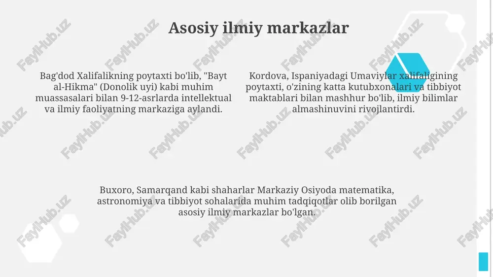 li yevropaga kirib keldi, bu esa matematik hisoblashlarni sezilarli darajada soddalashtirdi. ilmiy merosning saqlanishi va rivojlanishi olimlarning asarlariga sharhlar yozish amaliyoti ilmiy merosning muhim jihati bo‘ldi. ibn sino asarlariga yozilgan sharhlar uning ta’limotining keyingi avlodlarga yetib borishiga yordam berdi. ilmiy merosning saqlanishi ix-xii asrlarda faol tarjima harakati tufayli amalga oshirildi, bunda yunon, hind va fors matnlari arab tiliga o‘girilib, keyinchalik rivojlantirildi. bag‘doddagi “donishmandlar uyi” kabi kutubxonalar va ilmiy markazlar minglab qo‘lyozmalarni saqlab qoldi, bu matnlar olimlar tomonidan o‘rganilib, ularga yangi kashfiyotlar qo‘shildi. ijtimoiy-iqtisodiy va madaniy ta'sirlar boylikning o'sishi 8-11-asrlarda savdo va shaharlarning rivojlanishini ta'minladi, bu esa olimlarga homiylik qilish va yangi tadqiqotlarni moliyalashtirish imkonini berdi. madaniy bag'rikenglik, xususan, abbosiylar davrida turli xil madaniyat va din olimlarining fikr almashishiga imkon yaratdi, bu esa innovatsiyalarni tezlashtirdi. islom dini ilmni yuksaltirdi, qur'onni o'rganish va dunyoni tushunishga urg'u berdi, bu esa kuzatuv va eksperimentga asoslangan ko'plab ilmiy izlanishlarga turtki berdi. e'tiboringiz uchun rahmat image1.png