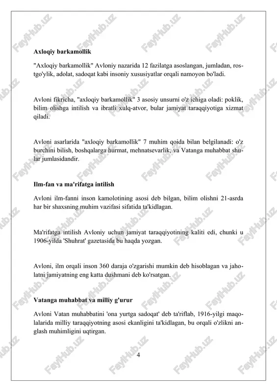 adolatparvarlik. bu sifatlar jamiyat rivojiga 100% hissa qo'shadi. zamonaviy jamiyat uchun saboqlar avloniy ta'limning jamiyat taraqqiyotidagi ahamiyatini ta'kidlaydi, 21-asrda sifatli ta'lim olish har bir shaxsning burchi ekanligini anglatadi. milliy o'zlikni saqlash va uni rivojlantirish, globalizatsiya sharoitida madaniy merosimizni asrab-avaylashning muhimligini avloniyning g'oyalari orqali tushunamiz. avloniyning ma'rifatparvarlik g'oyalari, ayniqsa ayollarning ta'lim olishi, gender tengligini ta'minlash zamonaviy jamiyat uchun muhim saboqdir. xulosa avloni ideal insonni shakllantirishda ma'rifatning o'rnini 100% ta'kidlaydi, bilim va axloqiy tarbiya orqali kamolotga erishishni maqsad qiladi. shuningdek, avloni milliy qadriyatlarni e'zozlashni ham targ'ib qiladi. avloni fikricha, ideal inson 21-asr talablariga javob berishi lozim; bu faqatgina ilm olish emas, balki 9 ta asosiy axloqiy tamoyillarga rioya qilish orqali ham erishiladi, degan fikrni ilgari suradi. avloni ta'limotida vatanparvarlik tuyg'usi eng yuqori o'rinda turadi, chunki ideal inson 7 dan 77 yoshgacha bo'lgan har bir fuqaro mamlakat ravnaqi uchun 10 barobar ko'proq harakat qilishi kerak. savol-javoblar "savol-javoblar" avloniyning pedagogik qarashlarini ochib beradi, o'quvchilarning …