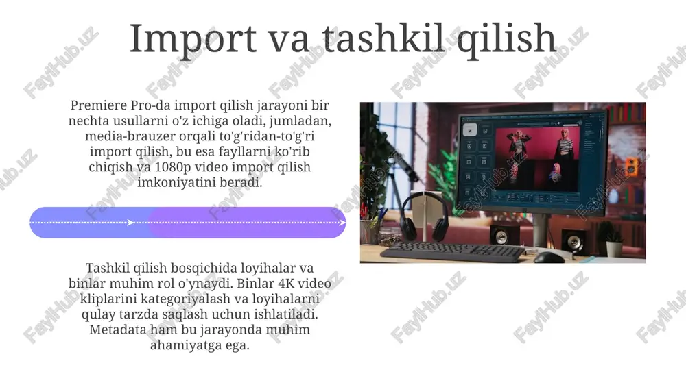 va usullar sog'lom ish jarayonini yaratish uchun proksi-fayllardan foydalaning. yuqori aniqlikdagi 4k yoki 8k tasvirlar bilan ishlash. proksi-fayllarni tahrirlang, so'ng eksportdan oldin original mediafayllarga ulaning. har bir loyiha uchun mos keladigan avtomatik saqlash oralig'ini o'rnating, masalan, har 5-10 daqiqada. 30-soniyalik tiklash uchun o'zingizning maxsus avtomatik saqlash sozlamalaridan foydalaning va loyihangizni yo'qotishdan saqlaning. xulosa premiere pro dasturida video tahrirlash texnologiyasi yordamida, foydalanuvchilar yuqori sifatli video mahsulotlarni yaratish uchun 100 dan ortiq turli vizual effektlar va o'tishlardan foydalanishlari mumkin. ranglarni to'g'rilash va grading vositalari, masalan, lumetri color paneli, 32 bitli suzuvchi nuqtali rang maydonida ishlaydi va ranglarni aniq boshqarish imkonini beradi. savol-javoblar savol-javoblar sessiyasida premiere pro-ning 2023-yilgi versiyasidagi yangi ai-ga asoslangan funksiyalari, masalan, speech to text imkoniyatlarining ishlashi haqida batafsil ma'lumot berish mumkin. premiere pro-da loyihani eksport qilishning turli xil kodeklari (masalan, h.264, hevc) va ularning 4k yoki 8k video uchun sifat va fayl hajmlariga ta'siri bo'yicha savollarga javob bering. e'tiboringiz uchun …