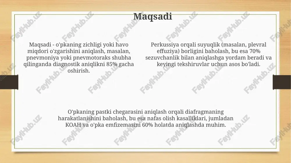 ar 2-3 xil kasallik holatini aks ettiruvchi manekenlarda perkussiyani o'rganadi, takroriy mashqlar orqali amaliy ko'nikmalarni oshiradi. baholashda ospe (ob'ektiv strukturalashgan klinik imtihon) usuli qo'llaniladi: talabalar 5 ta stansiyadan o'tadilar, har birida perkussiyani 1 ta bemorlarda amalga oshiradilar va natijalarni baholaydilar. klinik ahamiyati va turli yoshdagi bemorlardagi farqlar perkussiya orqali olingan ma'lumotlar pnevmoniya, plevral effuziya va atelektaz kabi o'pka kasalliklarini tashxislashda yordam beradi, bu esa davolash rejasini tuzishga imkon beradi. kichik yoshdagi bolalarda perkussiya tovushi kattalarnikidan yuqoriroq bo'ladi, bu esa ularning ko'krak qafasi devorining yupqaligi va o'pka to'qimasining tuzilishi bilan bog'liq. keksa bemorlarda o'pka elastikligining pasayishi va ko'krak qafasi devorining qattiqlashishi sababli perkussiya tovushi xiralashishi mumkin, bu esa natijalarni talqin qilishda e'tiborga olinishi kerak. e'tiboringiz uchun rahmat image3.png image4.png