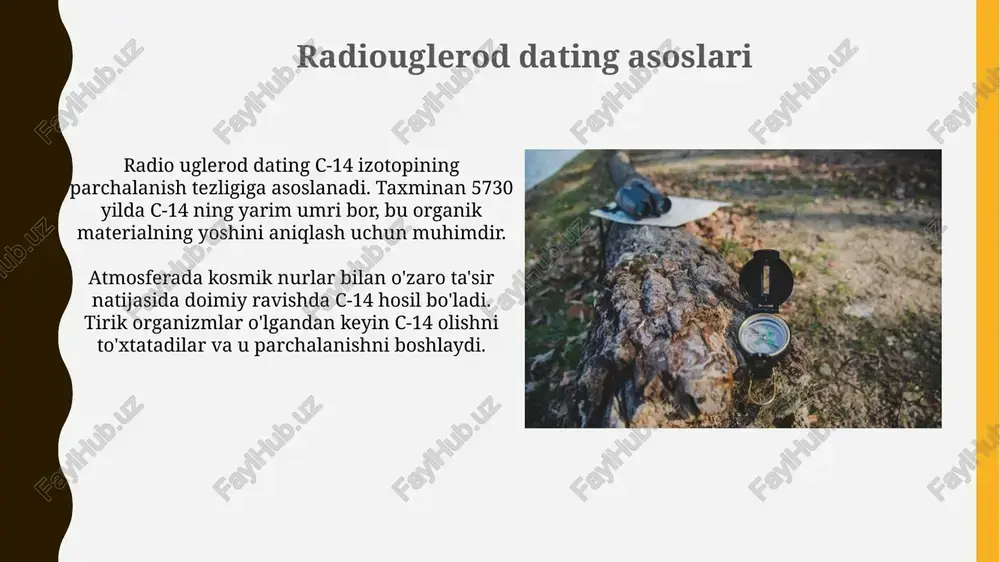 ni oshiradi va xatolik chegaralarini kamaytiradi. dendroxronologiya kelajakdagi rivojlanish istiqbollari dendroxronologiya yuqori aniqlikdagi iqlim o'zgarishlarini 10,000 yildan ortiq vaqt davomida o'rganish uchun izotop tahlili bilan birlashtiriladi, bu esa paleoklimatologiyani rivojlantiradi. uzoq hududlardagi qadimiy daraxtlarni tahlil qilish uchun masofadan zondlash va sun'iy yo'ldosh tasvirlaridan foydalanish dendroxronologiya uchun yangi geografik imkoniyatlar yaratadi. konservatsiya va restavratsiya kelajakdagi rivojlanish istiqbollari kelajakda nanomateriallar yordamida konservatsiya ishlari olib boriladi, bu esa artefaktlar mustahkamligini oshirib, degradatsiyani 50% ga kamaytiradi va ularning saqlanish muddatini uzaytiradi. 3d bosib chiqarish orqali artefaktlarning aniq nusxalarini yaratish imkoniyati konservatsiyani rivojlantiradi. original buyumlar saqlanadi, nusxalari esa ta'lim va tadqiqot uchun 75% gacha foydalanishga beriladi. xulosa radiokarbon va dendroxronologiya kabi usullar arxeologik topilmalarning aniq sanasini belgilashda muhim rol o'ynaydi, lekin 14c dating 50,000 yil bilan chegaralanganligini unutmaslik kerak. konservatsiya materiallarning degradatsiyasini sekinlashtiradi, restavratsiya esa artefaktlarning ko'rinishini yaxshilaydi; har bir usulning muvaffaqiyati materialning holati va tadqiqotning aniqligiga bog'liq. e'tiboringiz uchun rahmat image1.png image2.jpg image3.jpg image4.jpg …