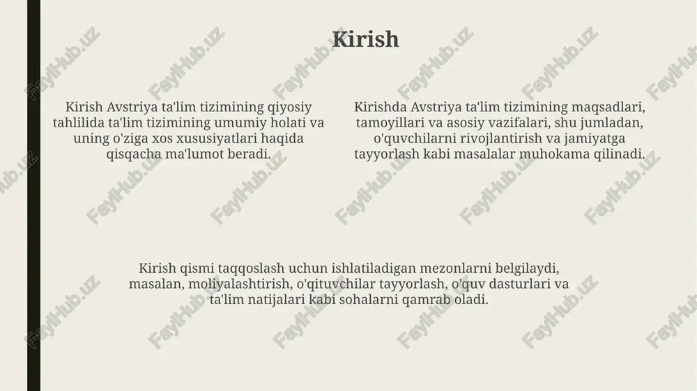niyatiga ega. afzalliklari va kamchiliklari avstriya ta’limidagi muammolardan biri, immigrant bolalarining ta’lim ko’rsatkichlari mahalliy bolalarga nisbatan pastroq bo’lishi, bu integratsiya masalasida muammolar borligini ko’rsatadi. avstriya ta’lim tizimining afzalliklaridan biri, davlat tomonidan moliyalashtirilgan oliy ta’lim bo’lib, talabalarga nisbatan arzon narxlarda sifatli bilim olish imkoniyatini beradi. kamchiliklar orasida o’rta maktabdan keyin ta’lim yo’nalishini tanlashdagi erta ixtisoslashuv mavjud bo’lib, 10-14 yoshda o’quvchilarning kelajakdagi taqdiri belgilanadi. xulosa va istiqbollar avstriya ta'lim tizimida 2025-yilgacha dual ta'limni kengaytirish, kasbiy yo'naltirishni erta bosqichlarda kuchaytirish istiqbollari mavjud, 50% o'quvchilar shu yo'nalishda o'qishi kutilmoqda. kelajakda avstriya ta'limida raqamli texnologiyalarni 30% ga oshirish, masofaviy ta'lim platformalarini rivojlantirish, o'qituvchilarning it-kompetensiyasini oshirish muhim ahamiyatga ega. xulosaga ko'ra, avstriya ta'lim tizimi yevropa ittifoqi standartlariga mos keladi, ammo pisa testlarida 10% yaxshilanishga erishish, ayniqsa, immigrantlar orasida, muhim istiqbol hisoblanadi. e'tiboringiz uchun rahmat image1.png