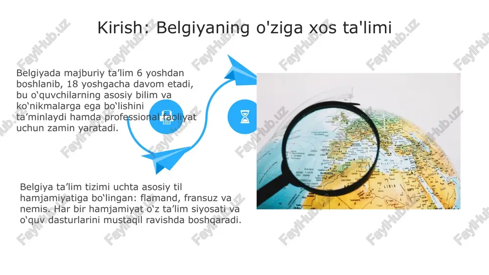 y etish, steam fanlariga e'tiborni kuchaytirish orqali o'quvchilarni kelajak kasblariga tayyorlash tendensiyasi kuzatilmoqda. inklyuziv ta'limni rivojlantirish bo'yicha islohotlar davom etmoqda, bunda 1 dan 10 gacha bo'lgan o'lchov bo'yicha nogironligi bo'lgan bolalarning umumta'lim maktablarida ta'lim olish imkoniyatlari kengaytirilmoqda. inklyuziv ta'limni rivojlantirish bo'yicha islohotlar davom etmoqda, bunda 1 dan 10 gacha bo'lgan o'lchov bo'yicha nogironligi bo'lgan bolalarning umumta'lim maktablarida ta'lim olish imkoniyatlari kengaytirilmoqda. xulosalar: belgiyaning ta'lim modeli belgiyada majburiy taʼlim 6 yoshdan 18 yoshgacha davom etadi, bu esa bolalarning asosiy bilim va koʻnikmalarni olishini taʼminlaydi hamda ijtimoiy integratsiyaga yordam beradi. belgiya taʼlimi uchta asosiy til hamjamiyatiga boʻlingan: flamand, fransuz va nemis. har bir jamiyat oʻz taʼlim tizimini avtonom tarzda boshqaradi. savol-javoblar belgiya taʼlim tizimida majburiy taʼlim 6 yoshdan boshlanadi va 18 yoshgacha davom etadi, bu yoshdagi o‘quvchilarning 99% davlat maktablarida ta’lim oladi. belgiya taʼlimi uchta asosiy hamjamiyatga bo‘linadi: flamand, fransuz va nemis tillari, har biri o'zining o'quv dasturi va boshqaruv tizimiga ega, …