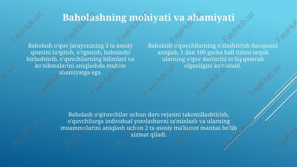 jasini aniqlashga, qolgan 40% summativ baholashga sarflashlari kerak. formativ baholash dars jarayonida 70% vaqt ajratilishi, summativ baholash esa o‘quv yakunida 30% tashkil etishi, o‘quvchilarning o‘sishiga e’tibor berish muhim. muvaffaqiyatli muvozanat uchun, har bir summativ baholash oldidan 2-3 ta formativ baholash o‘tkazish maqsadga muvofiq, bu natijalarni yaxshilashga yordam beradi. xulosa xulosa formativ va summativ baholash natijalarini jamlab, o'quv jarayonini 360 graduslik baholashni ta'minlaydi, bu esa kelgusidagi strategiyalarni ishlab chiqish uchun muhimdir. yakuniy xulosa o'quvchilarning bilim darajasini aniqlash va 90 foiz aniqlik bilan o'quv dasturining maqsadlariga erishilganligini baholashga yordam beradi. xulosa, 100 foiz holatda o'qituvchilar uchun o'quv jarayonini takomillashtirish, metodlarni optimallashtirish va kelgusidagi rejalar uchun aniq yo'nalish beradi. e'tiboringiz uchun rahmat