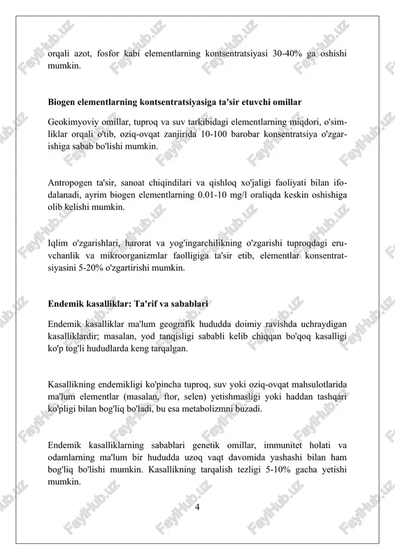 hun metall qazib olish va qayta ishlashda xavf tug'diradi. kadmiy zaharlanishi, ayniqsa akkumulyator ishlab chiqarishda, o'pka emfizemasiga va buyrak disfunktsiyasiga olib kelishi mumkin, chunki kadmiyning yuqori konsentratsiyasi toksik ta'sir ko'rsatadi. marganets zaharlanishi, ko'pincha konchilikda va po'lat ishlab chiqarishda uchraydi, markaziy asab tizimiga ta'sir qiladi va parkinsonizmga o'xshash alomatlar bilan kechuvchi kasalliklarni keltirib chiqaradi. biogen elementlarning kontsentratsiyasini o'lchash usullari atom-absorbsion spektrometriyasi (aas) element konsentratsiyasini aniqlashda keng qo'llaniladi, ayniqsa metallar uchun, namunani atomizatsiya qilish va yutilishni o'lchash orqali. induktiv bog'langan plazma atom-emissiya spektrometriyasi (icp-aes) bir nechta elementlarni bir vaqtning o'zida aniqlay oladi, yuqori haroratli plazmada atomlarni qo'zg'atish va emissiya spektri tahlili orqali. ion selektiv elektrodlar (ise) muayyan ionlarning konsentratsiyasini bevosita o'lchash uchun ishlatiladi, elektrodning potentsiali ion faolligiga bog'liq bo'lgan elektrokimyoviy usul. endemik va kasbiy kasalliklarning oldini olish choralari endemik kasalliklarni oldini olish uchun aholining yod bilan ta'minlanishini ta'minlash muhim, masalan, yodlangan tuz iste'mol qilishni targ'ib qilish orqali. kasbiy kasalliklarning oldini olishda ish …